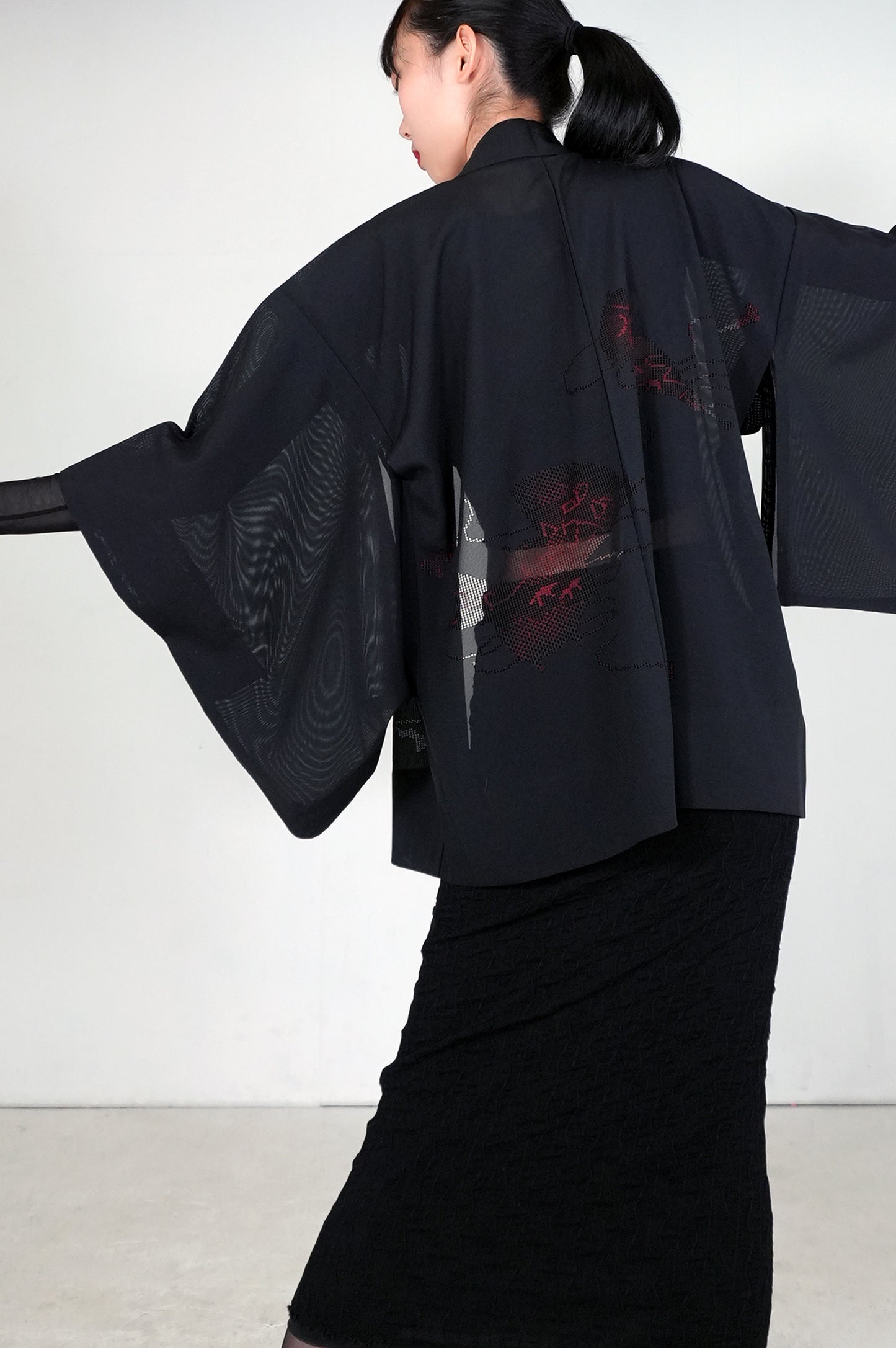 VINTAGE BLACK HAORI SHEER "ro, red, SHH029"