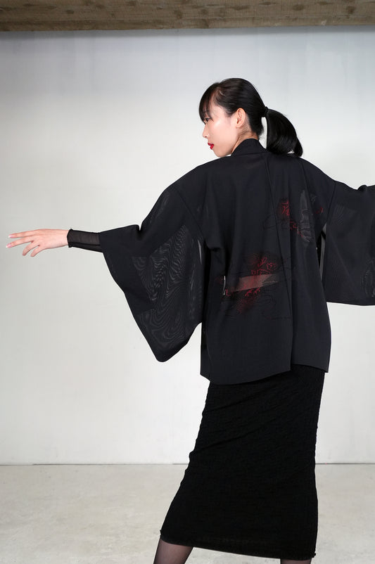 VINTAGE BLACK HAORI SHEER “This fabric is "ro, inside-red, SHH029"