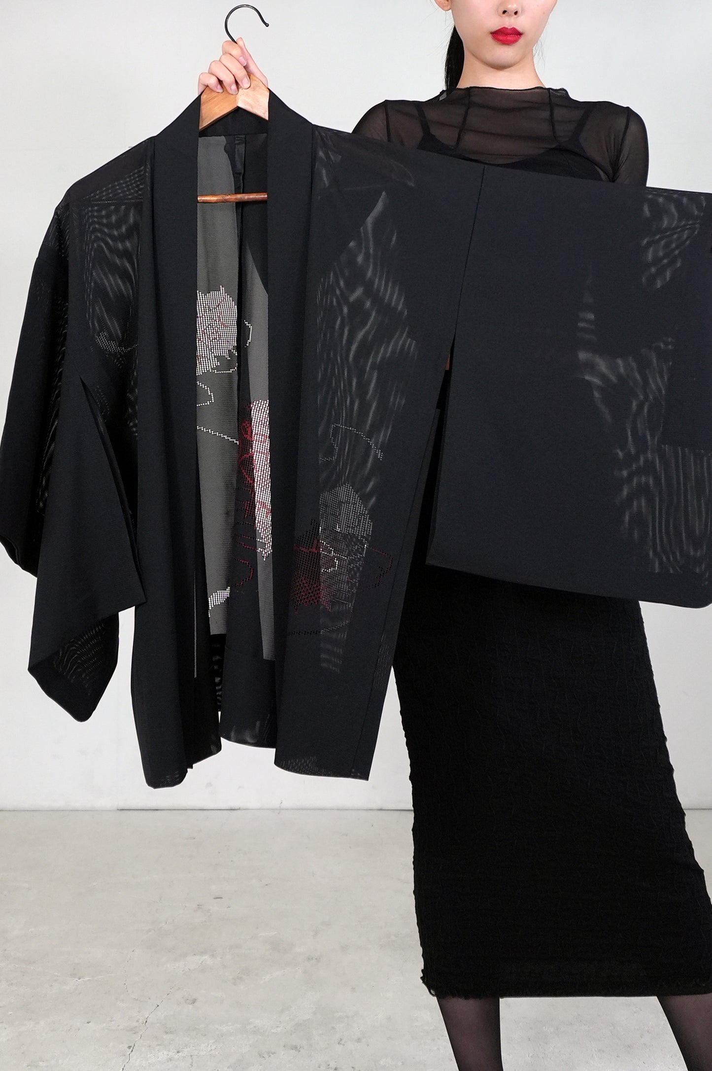 VINTAGE BLACK HAORI SHEER "ro, red, SHH029"