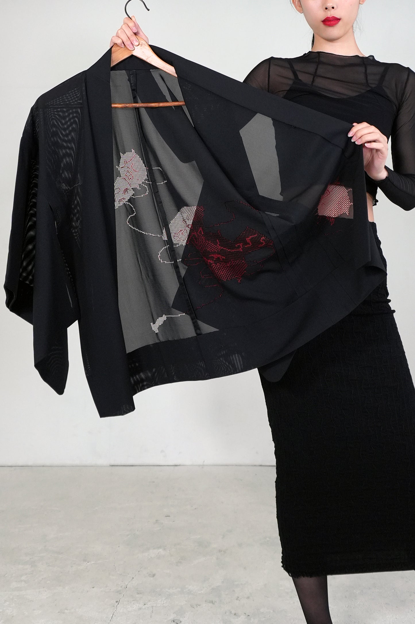 VINTAGE BLACK HAORI SHEER "ro, red, SHH029"