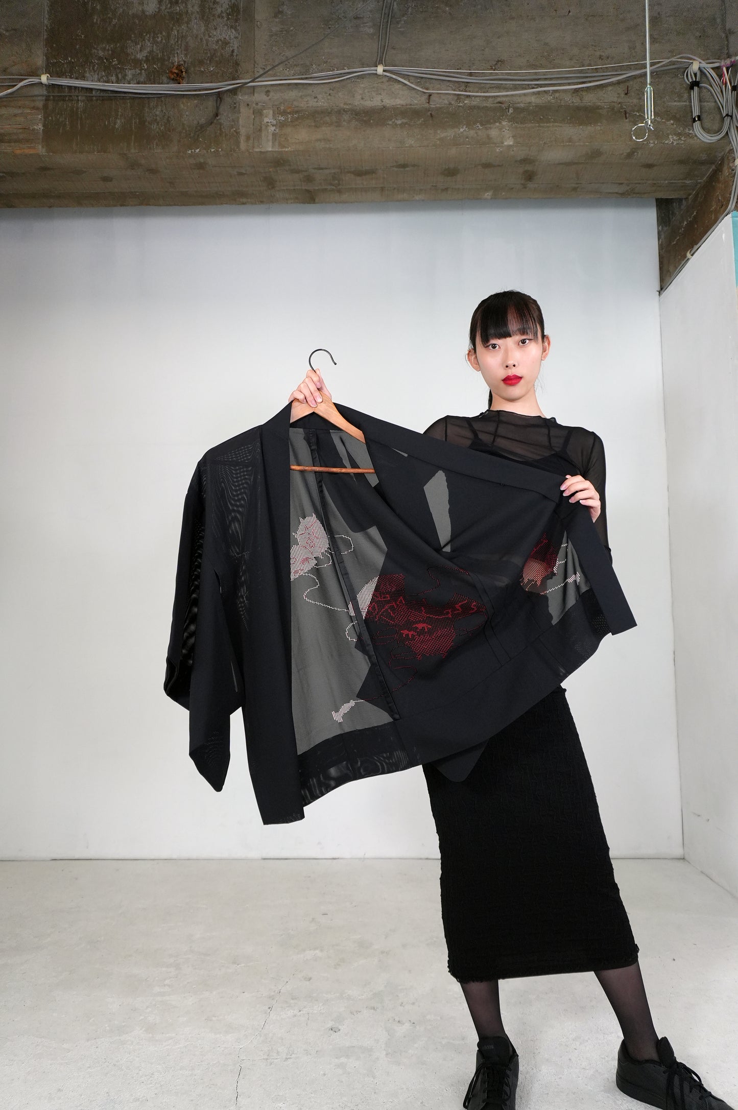 VINTAGE BLACK HAORI SHEER "ro, red, SHH029"