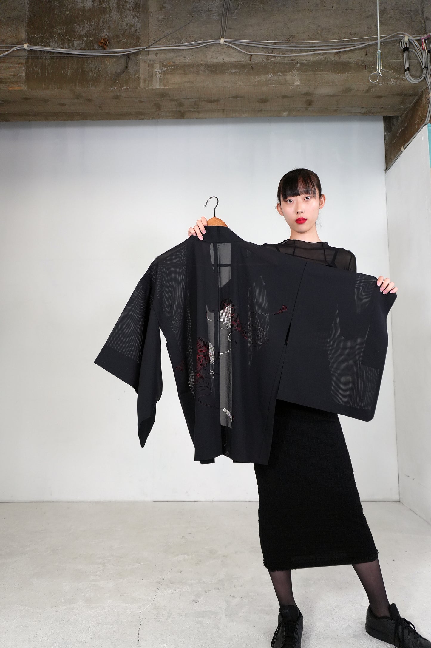 VINTAGE BLACK HAORI SHEER "ro, red, SHH029"