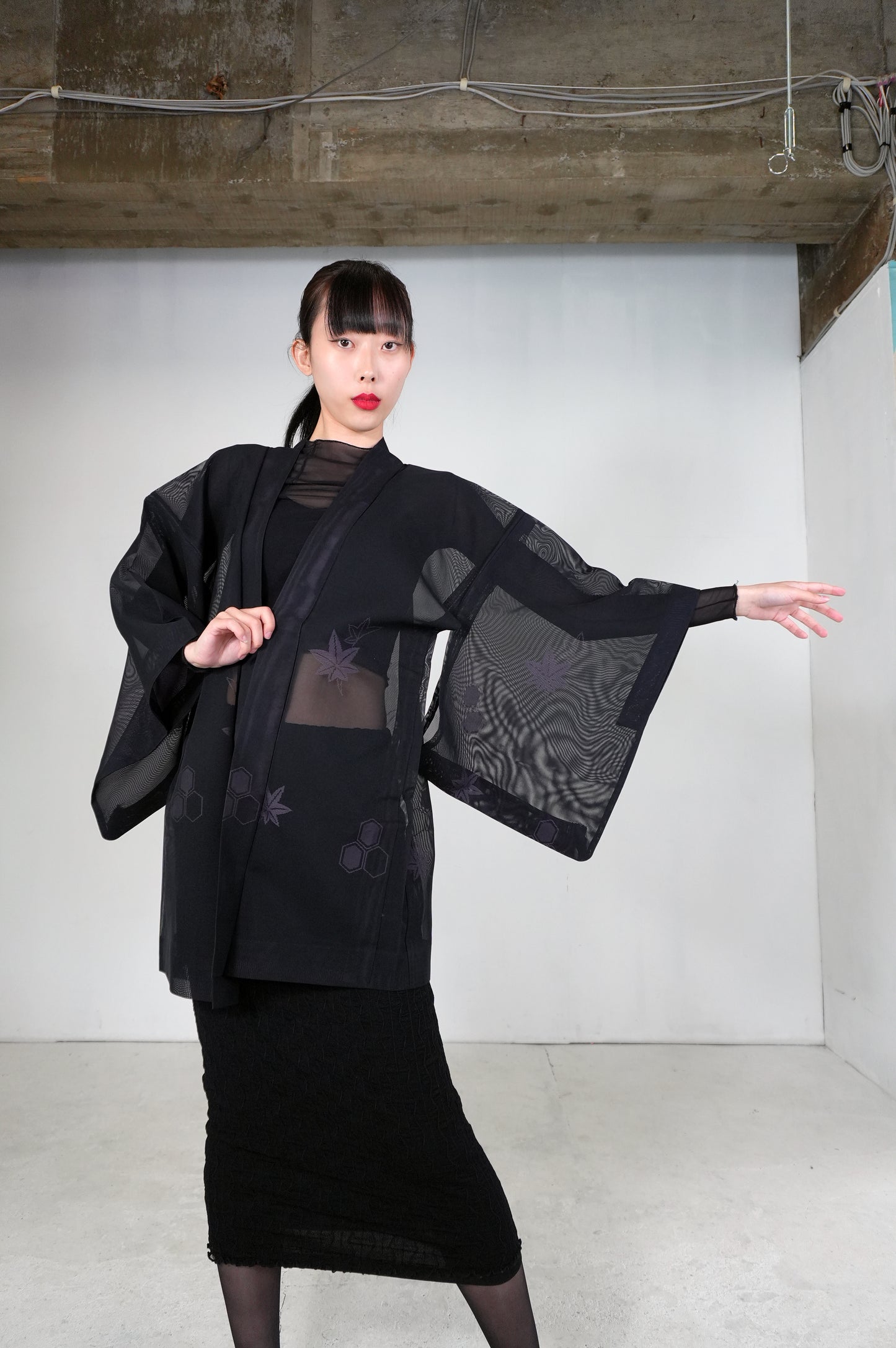 VINTAGE BLACK HAORI SHEER "sha, murasaki-momiji, SHH030"