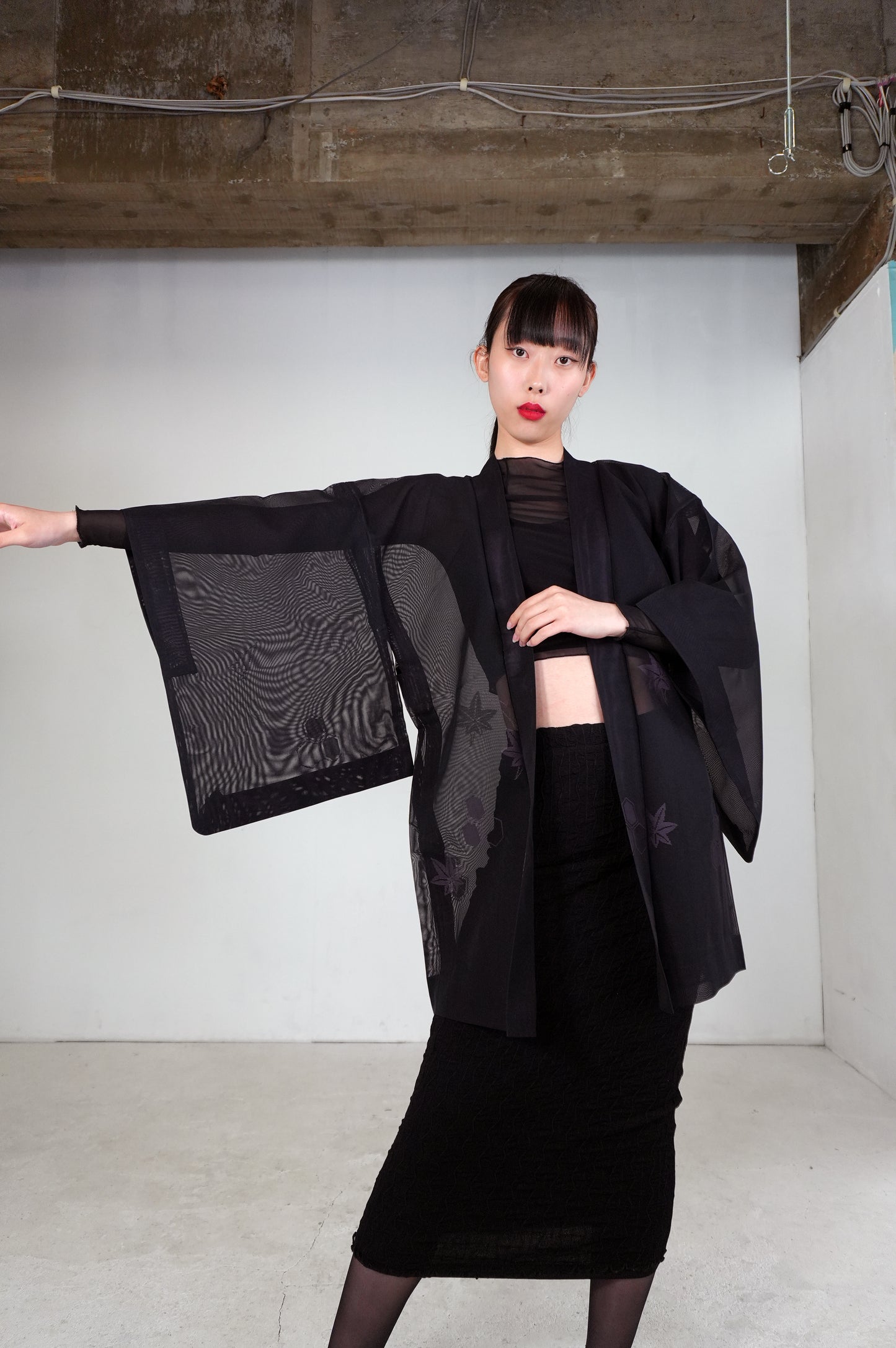 VINTAGE BLACK HAORI SHEER "sha, murasaki-momiji, SHH030"