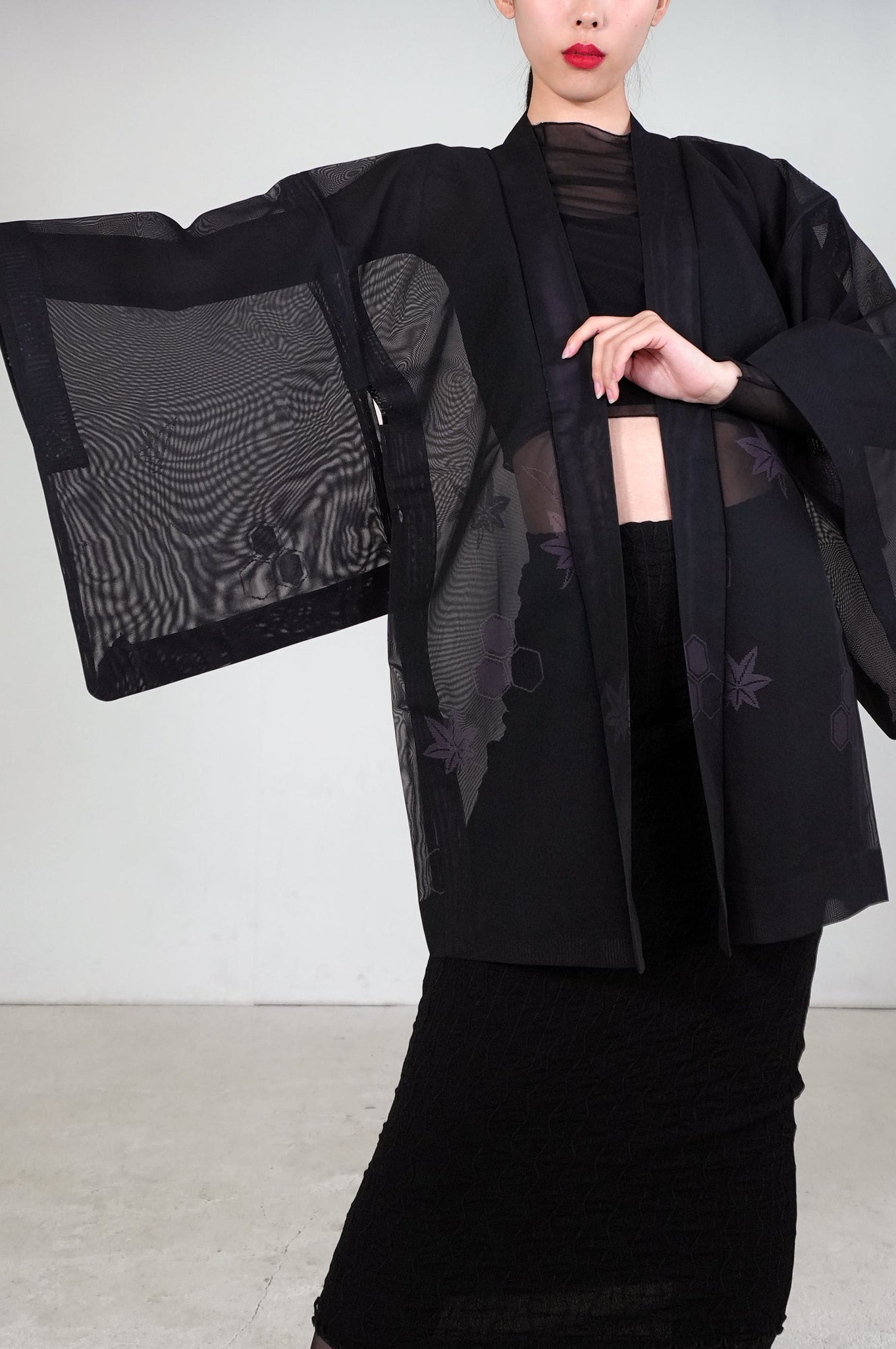 VINTAGE BLACK HAORI SHEER "sha, murasaki-momiji, SHH030"