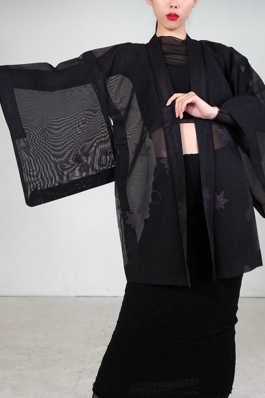 VINTAGE BLACK HAORI SHEER "sha, murasaki-momiji, SHH030"