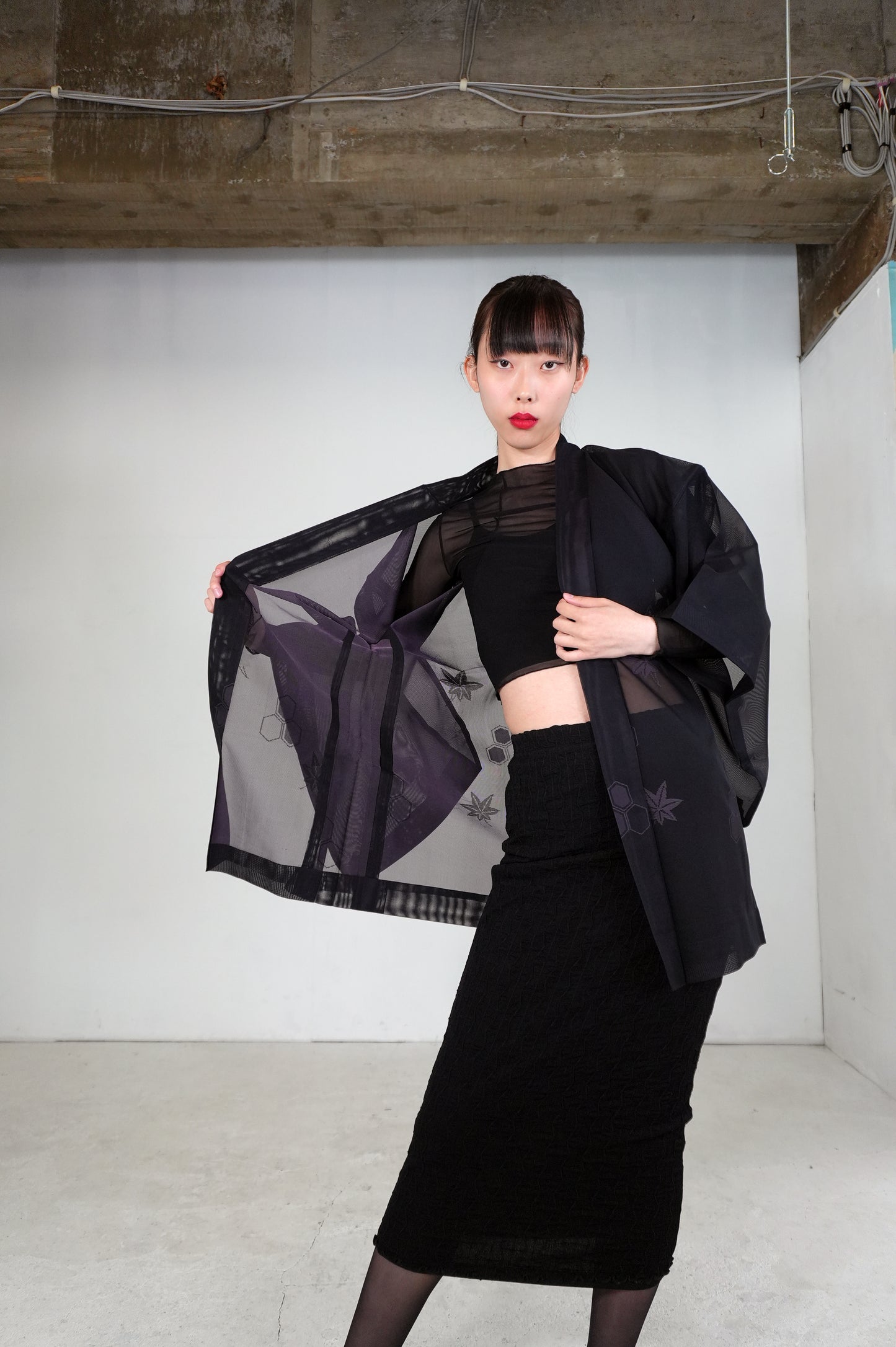 VINTAGE BLACK HAORI SHEER "sha, murasaki-momiji, SHH030"