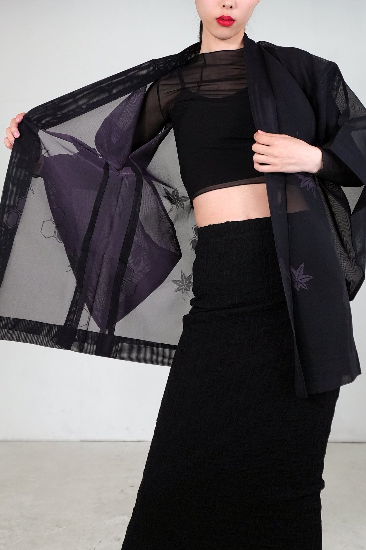 VINTAGE BLACK HAORI SHEER "sha, murasaki-momiji, SHH030"