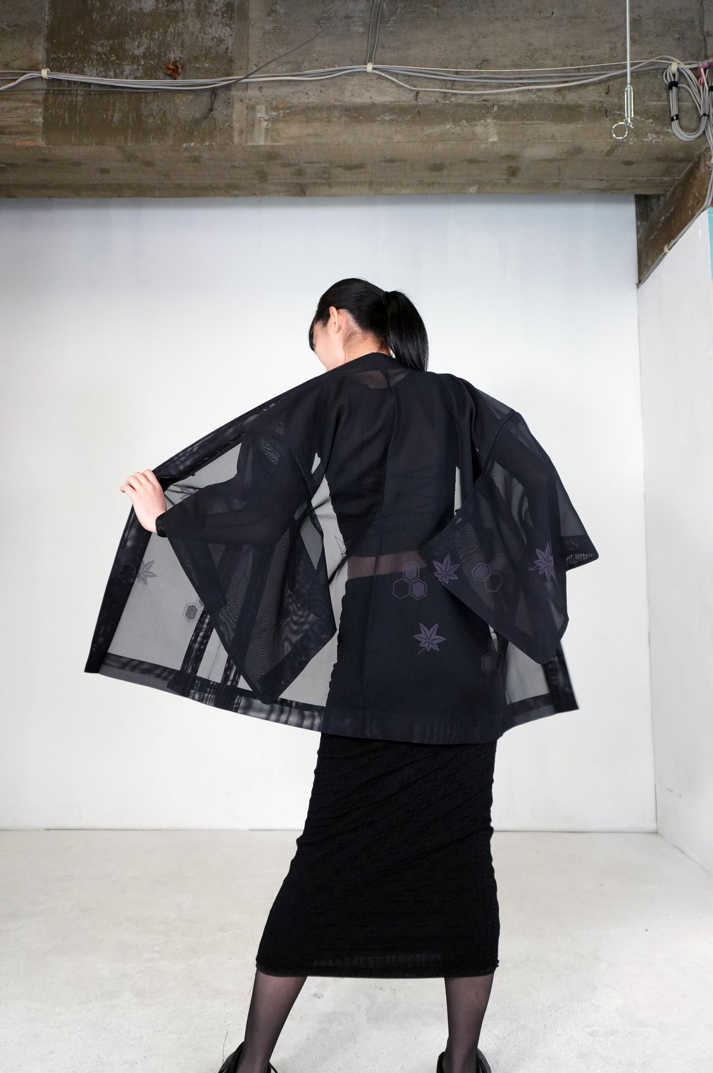 VINTAGE BLACK HAORI SHEER "sha, murasaki-momiji, SHH030"