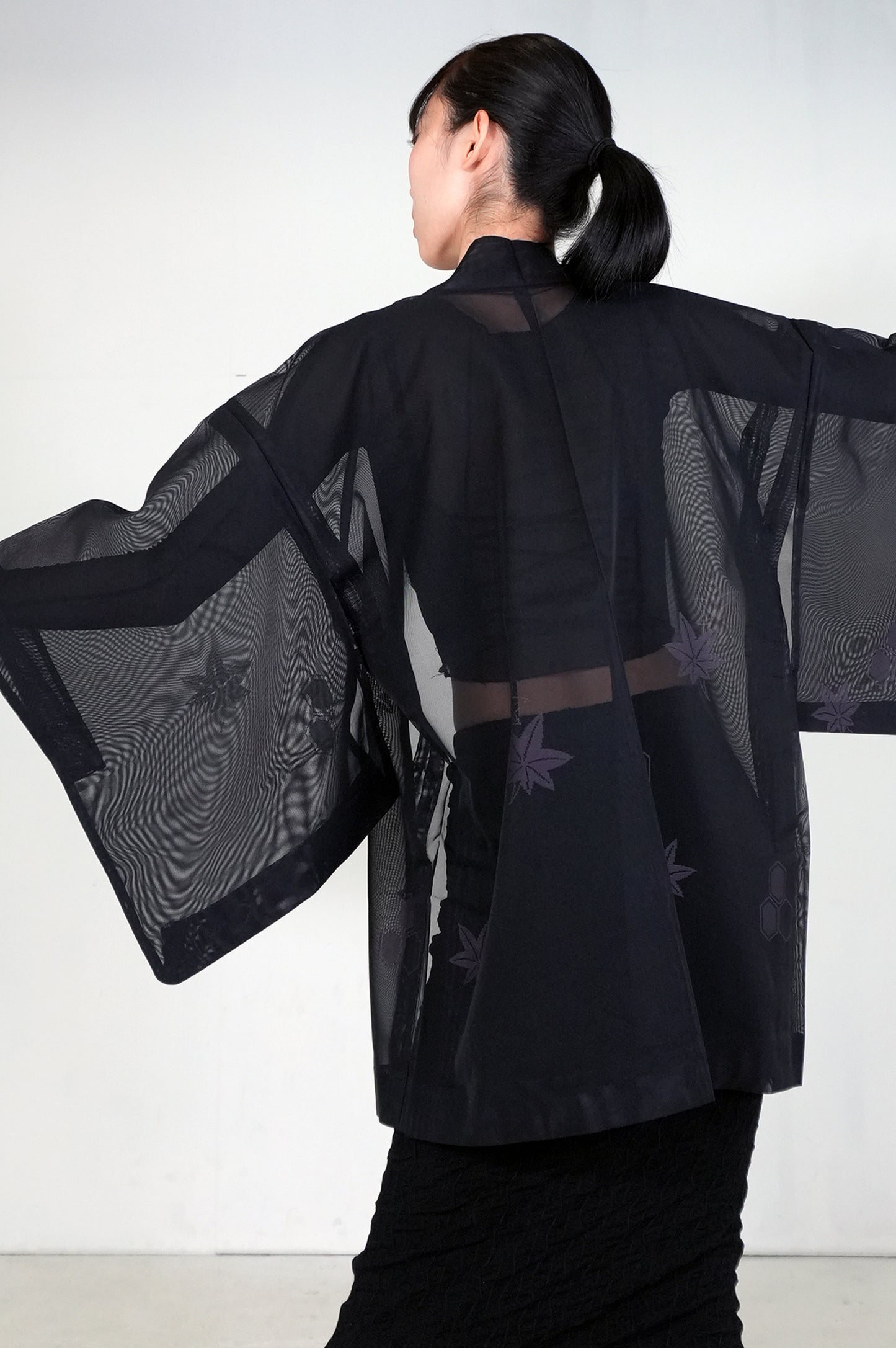 VINTAGE BLACK HAORI SHEER "sha, murasaki-momiji, SHH030"