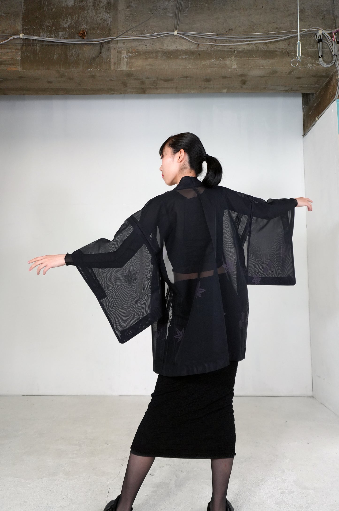 VINTAGE BLACK HAORI SHEER "sha, murasaki-momiji, SHH030"