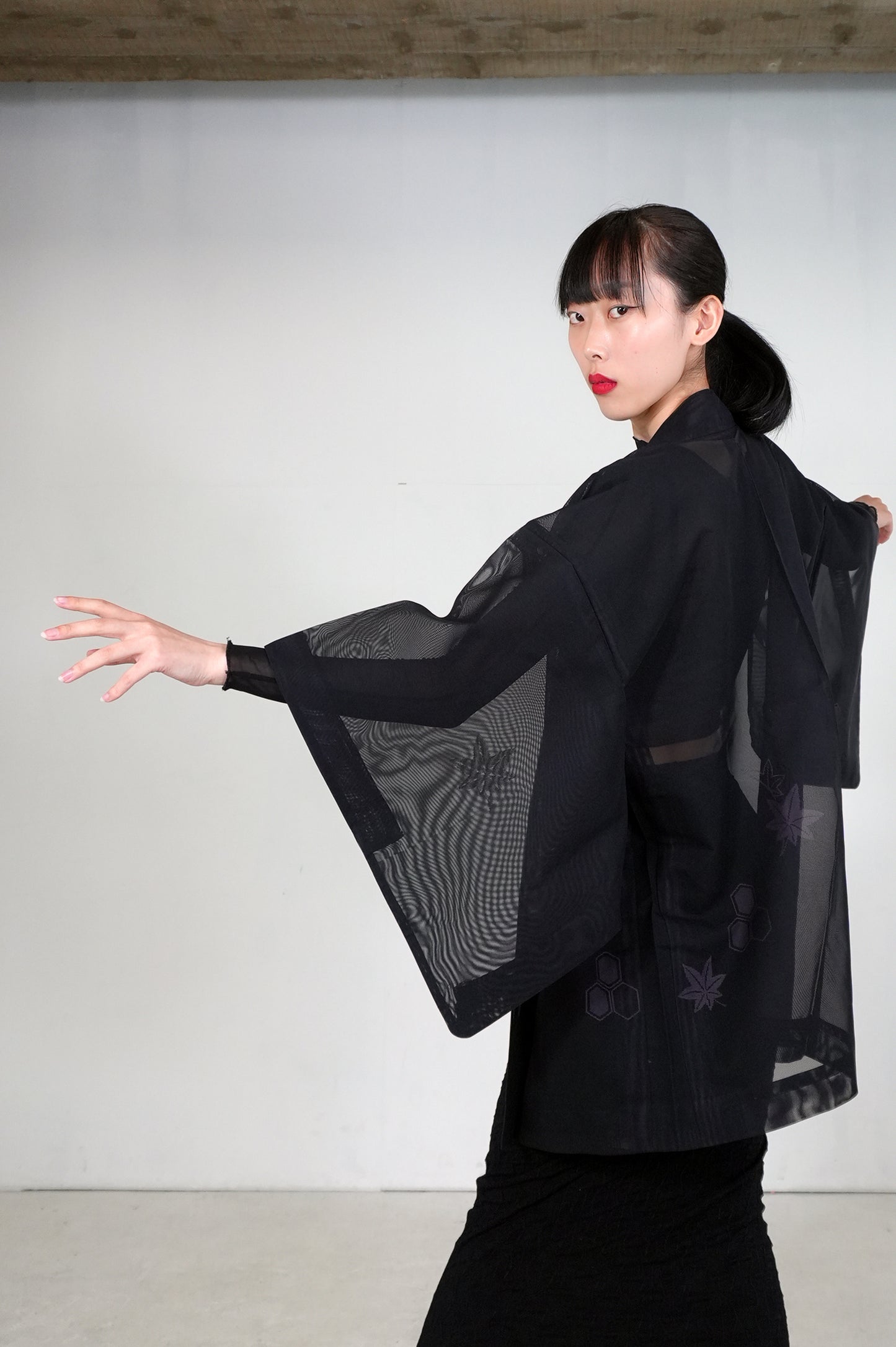 VINTAGE BLACK HAORI SHEER "sha, murasaki-momiji, SHH030"