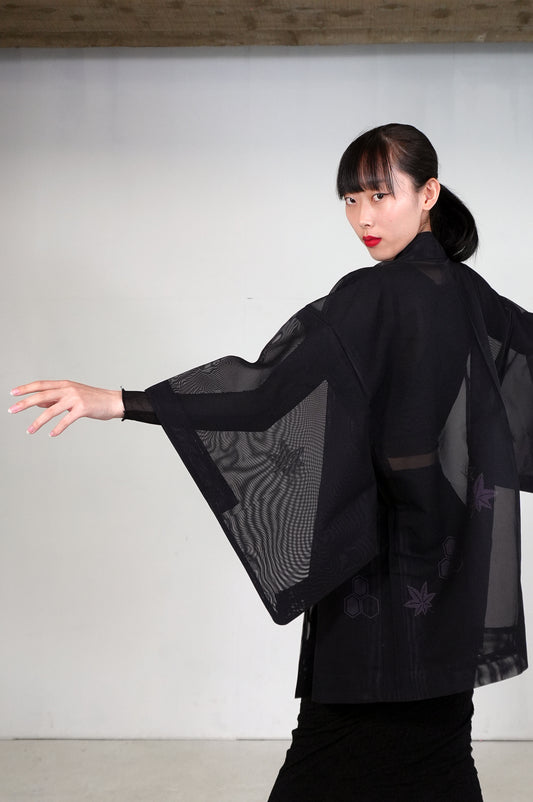 VINTAGE BLACK HAORI SHEER "sha, murasaki-momiji, SHH030"