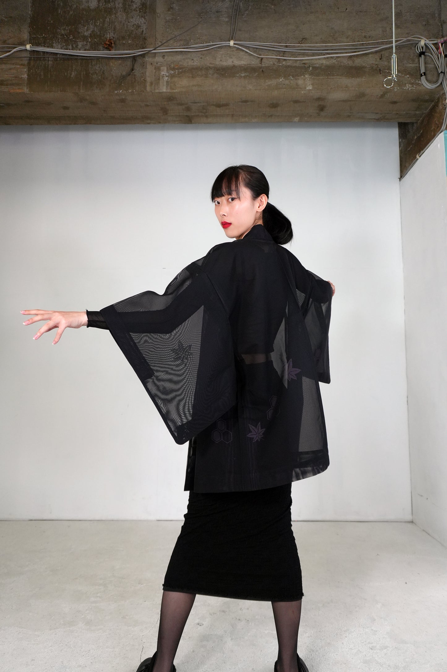 VINTAGE BLACK HAORI SHEER "sha, murasaki-momiji, SHH030"