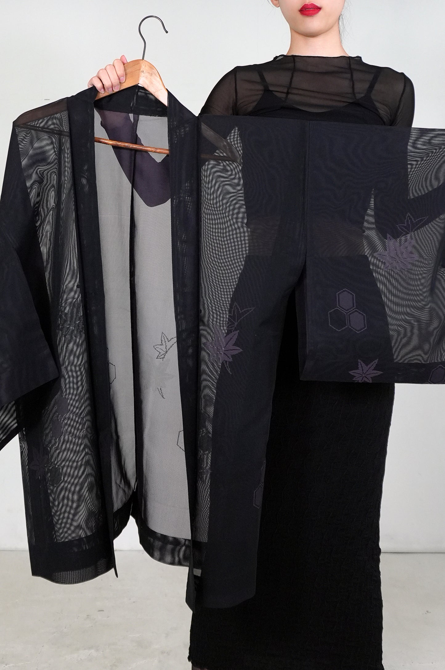 VINTAGE BLACK HAORI SHEER "sha, murasaki-momiji, SHH030"