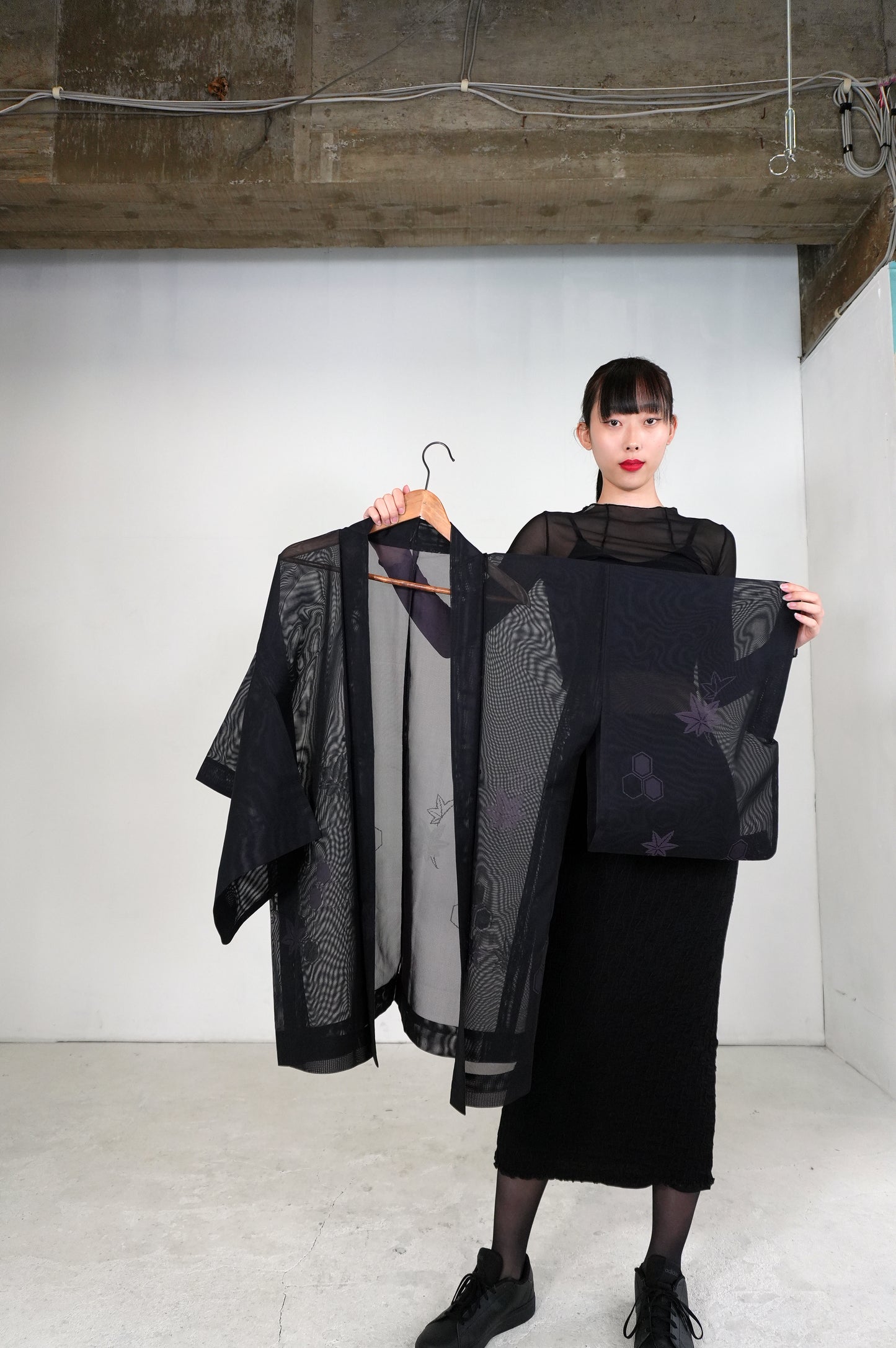 VINTAGE BLACK HAORI SHEER "sha, murasaki-momiji, SHH030"