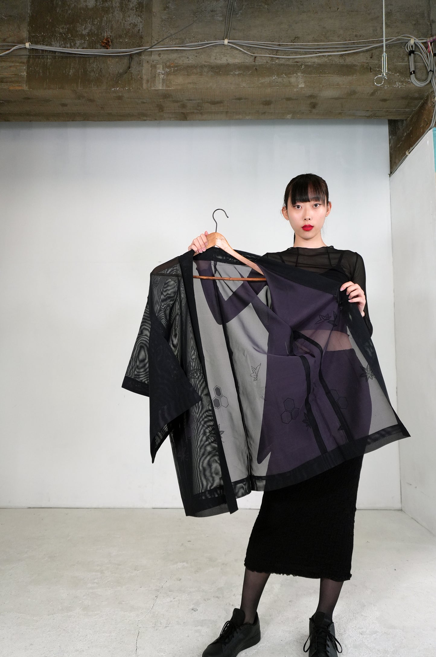 VINTAGE BLACK HAORI SHEER "sha, murasaki-momiji, SHH030"