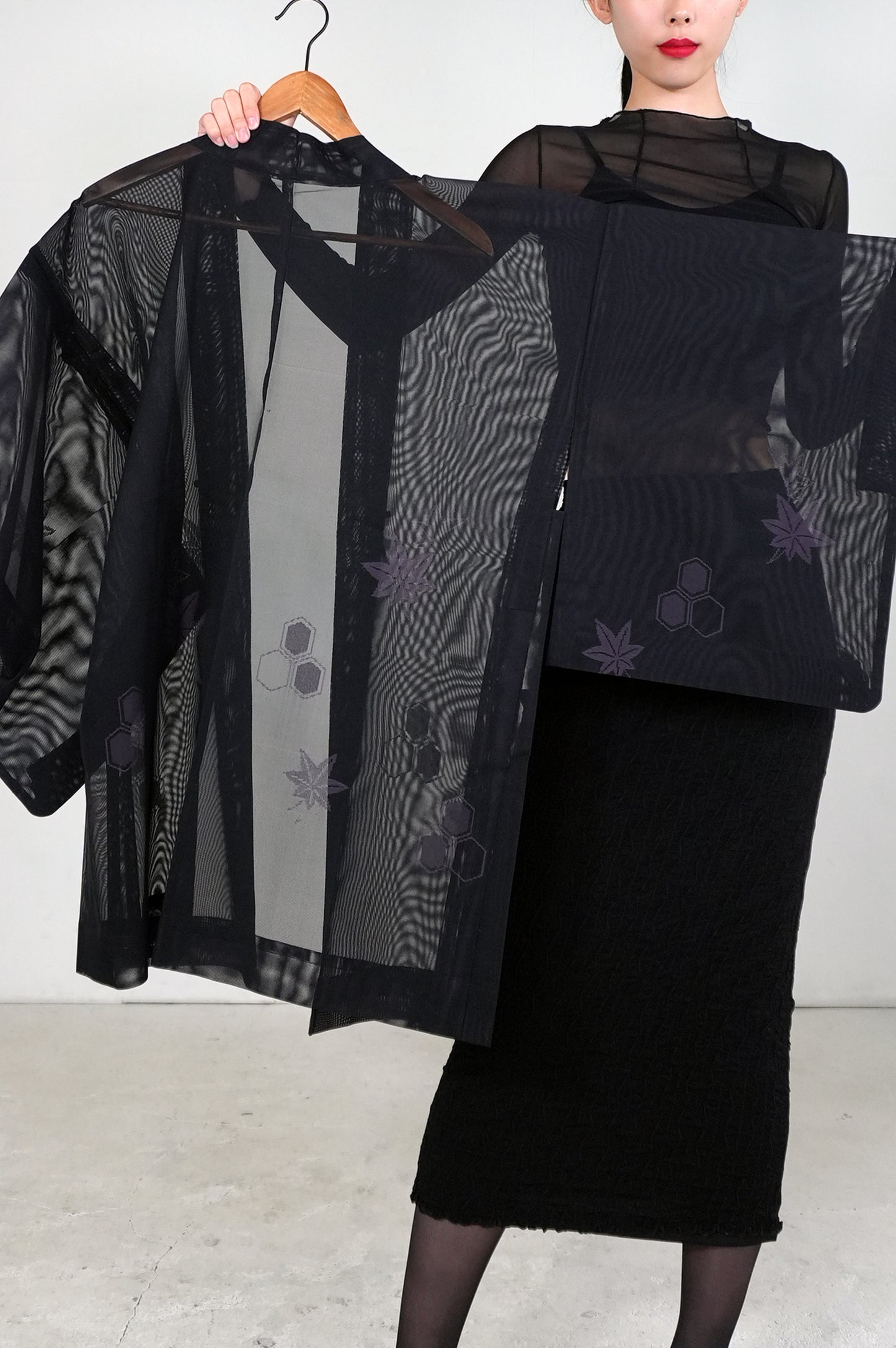 VINTAGE BLACK HAORI SHEER "sha, murasaki-momiji, SHH030"