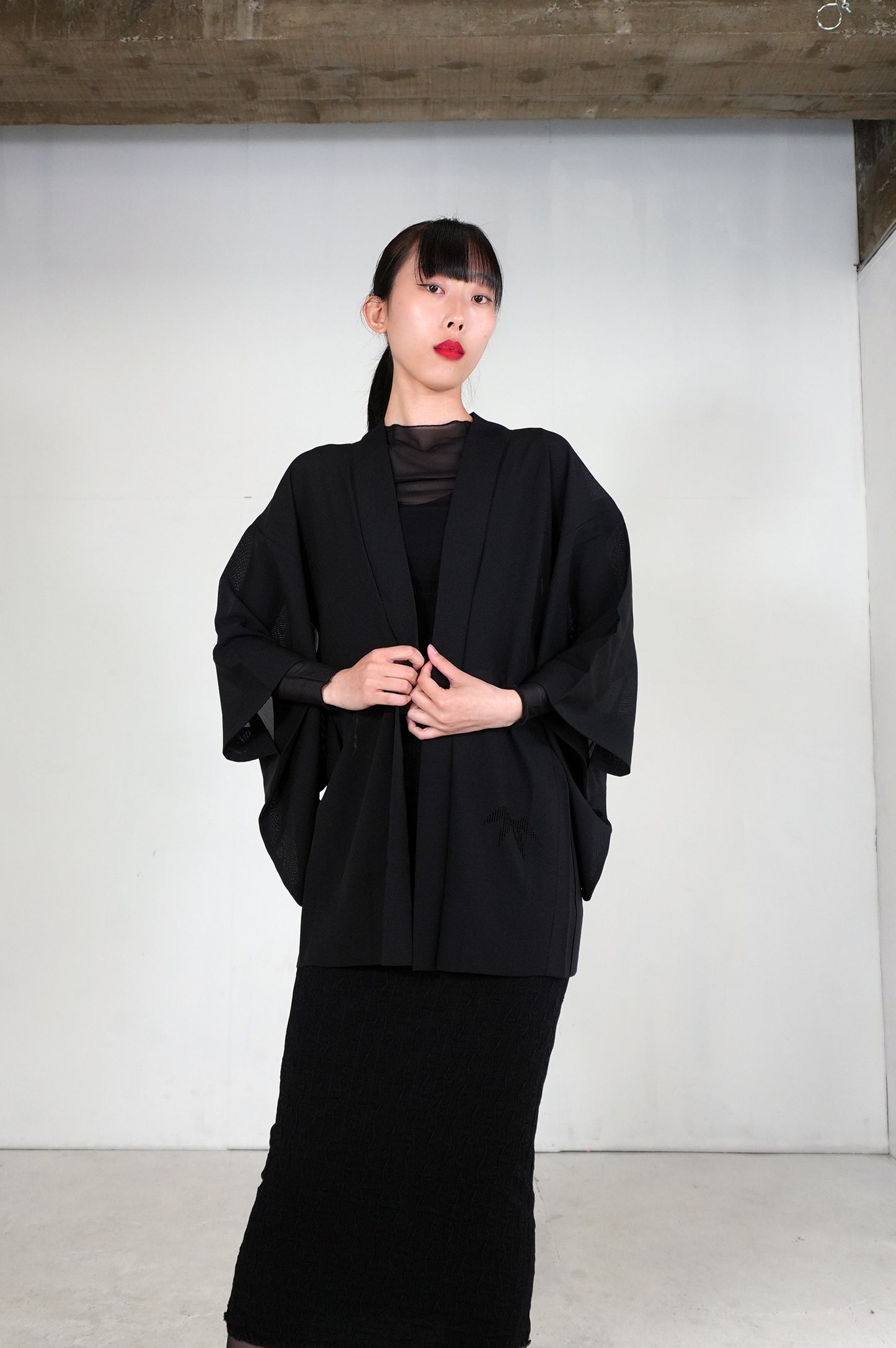 VINTAGE BLACK HAORI SHEER "ro, sasa-bamboo, SHH036"