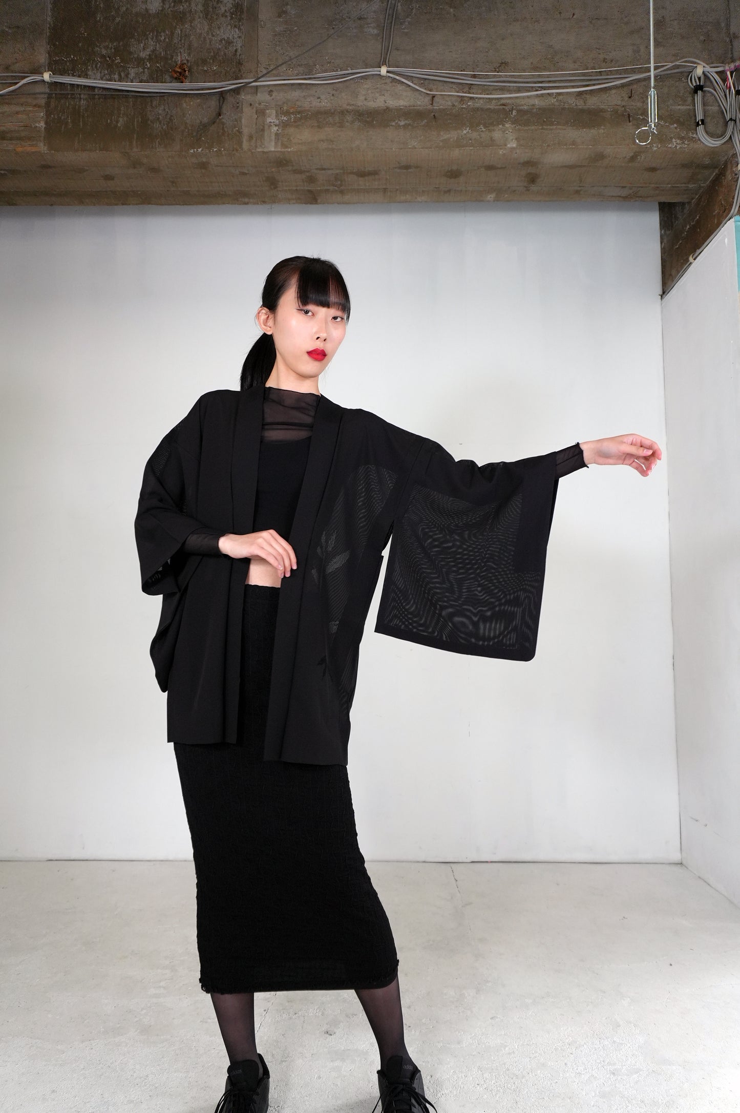 VINTAGE BLACK HAORI SHEER "ro, sasa-bamboo, SHH036"