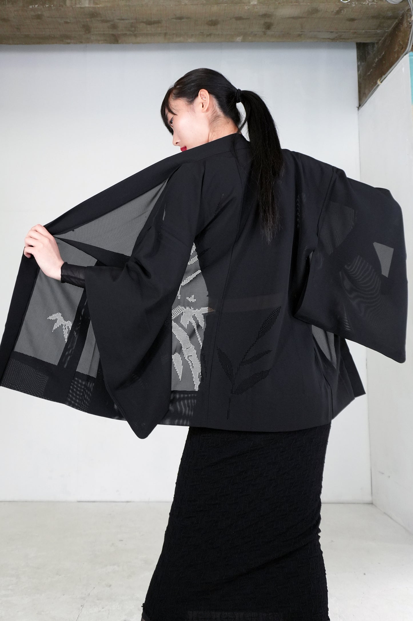 VINTAGE BLACK HAORI SHEER "ro, sasa-bamboo, SHH036"