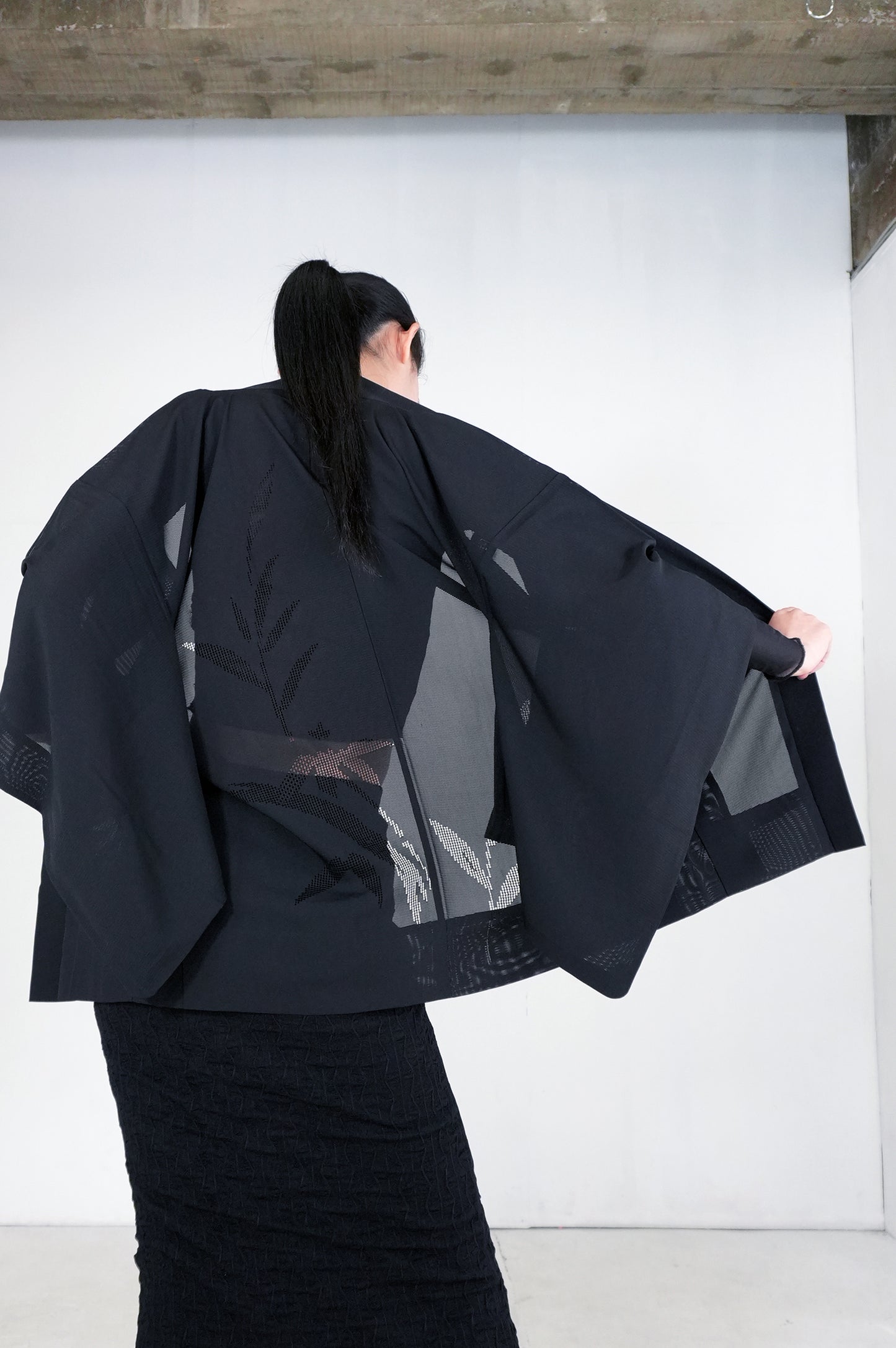 VINTAGE BLACK HAORI SHEER "ro, sasa-bamboo, SHH036"