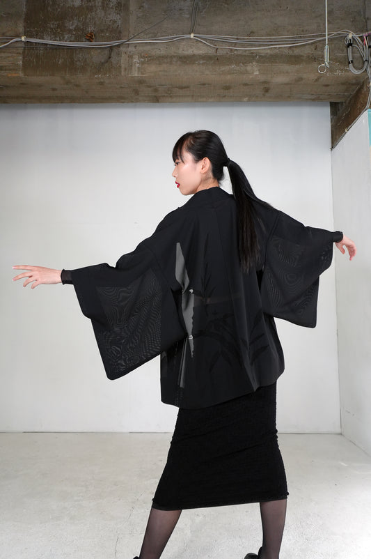 VINTAGE BLACK HAORI SHEER "ro, sasa-bamboo, SHH036"