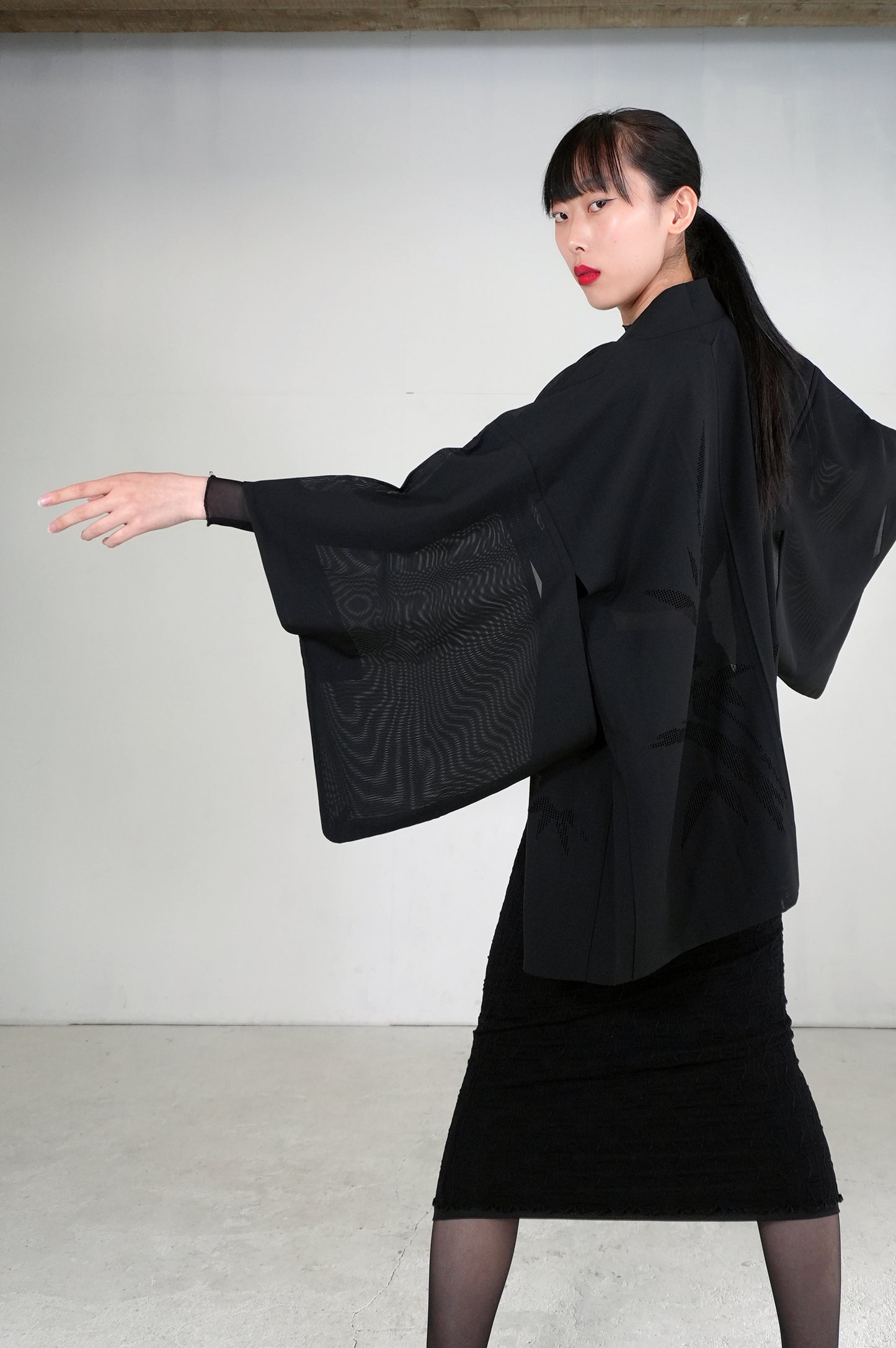 VINTAGE BLACK HAORI SHEER "ro, sasa-bamboo, SHH036"