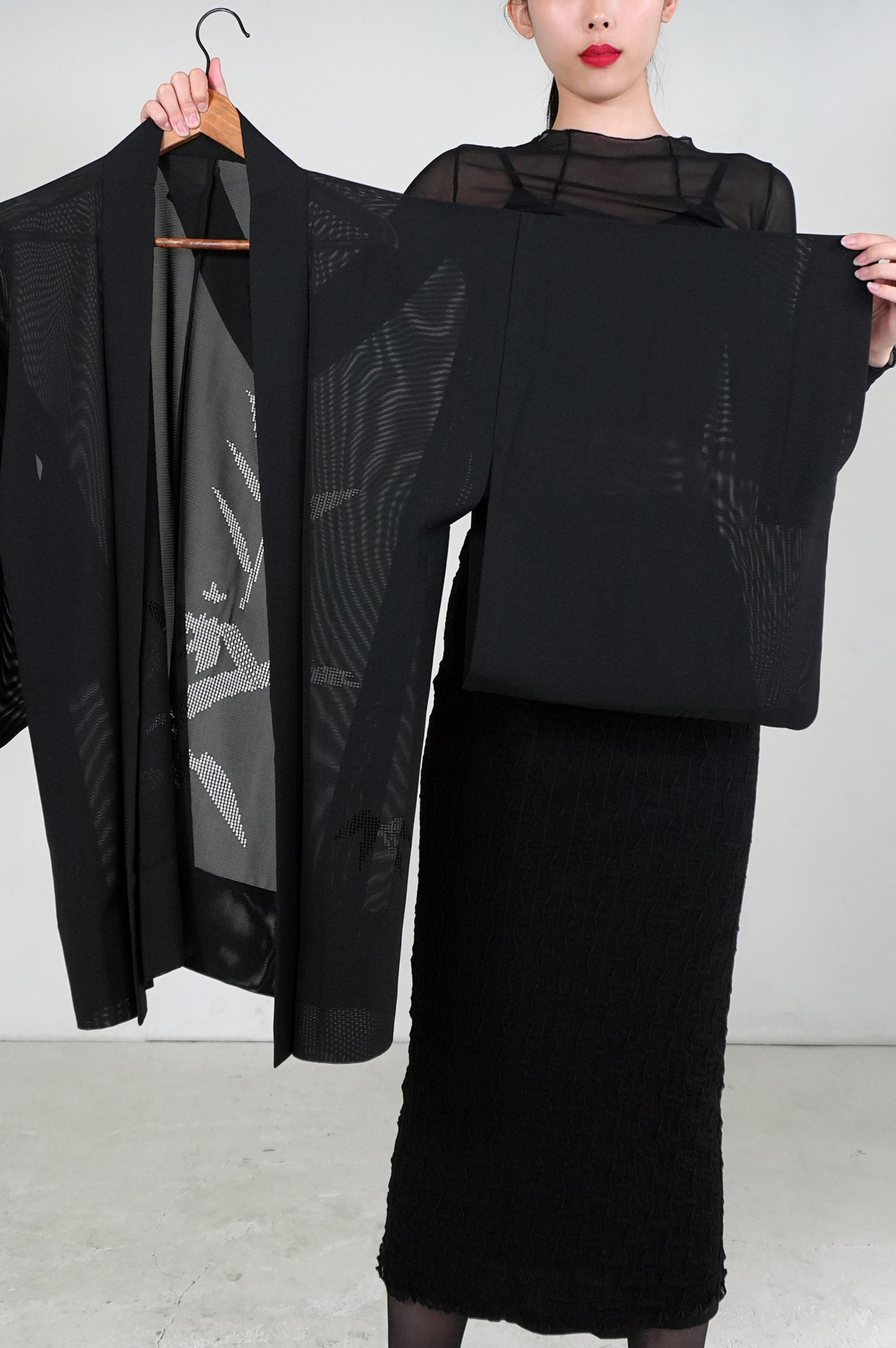 VINTAGE BLACK HAORI SHEER "ro, sasa-bamboo, SHH036"