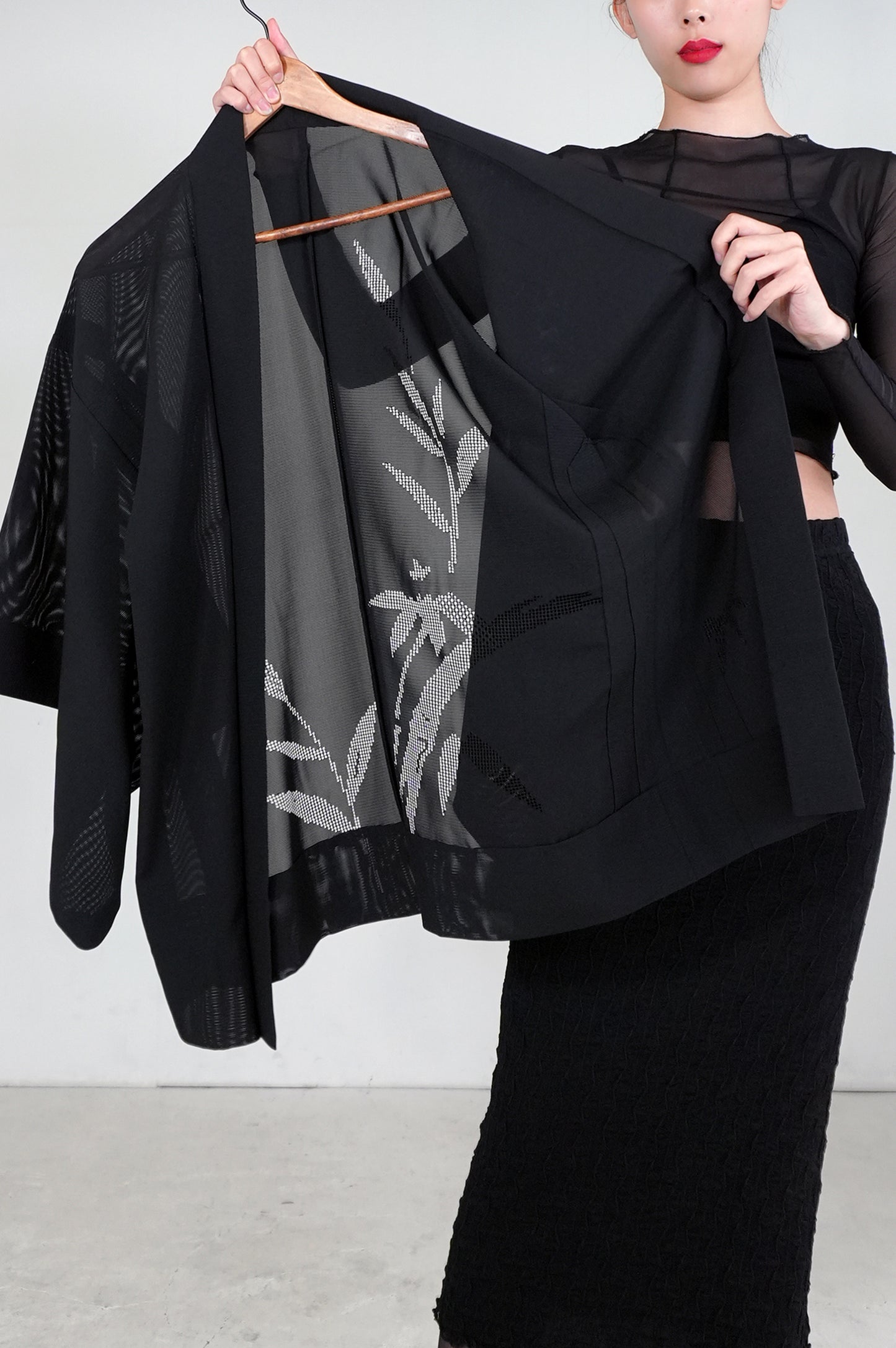 VINTAGE BLACK HAORI SHEER "ro, sasa-bamboo, SHH036"