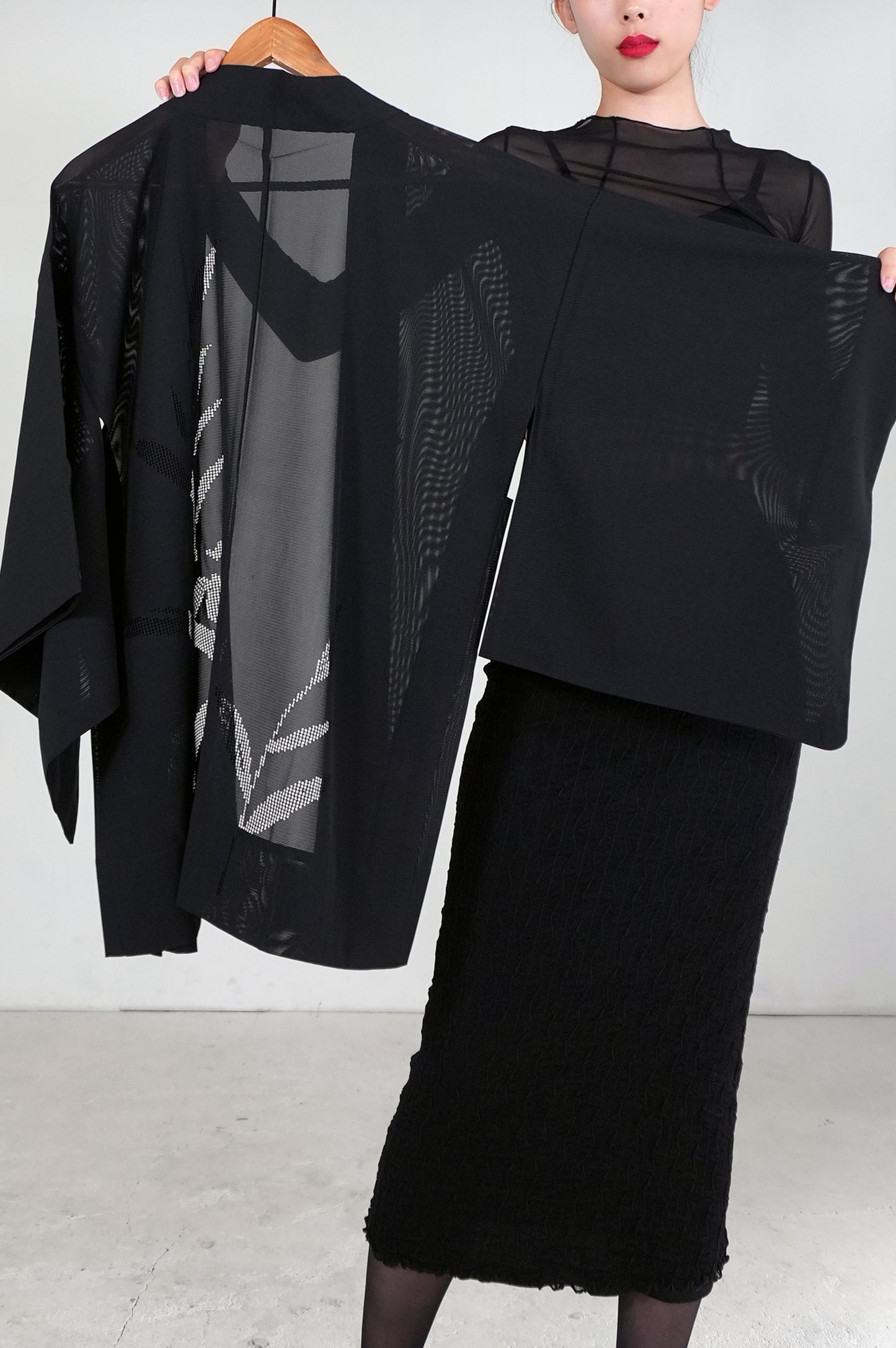 VINTAGE BLACK HAORI SHEER "ro, sasa-bamboo, SHH036"