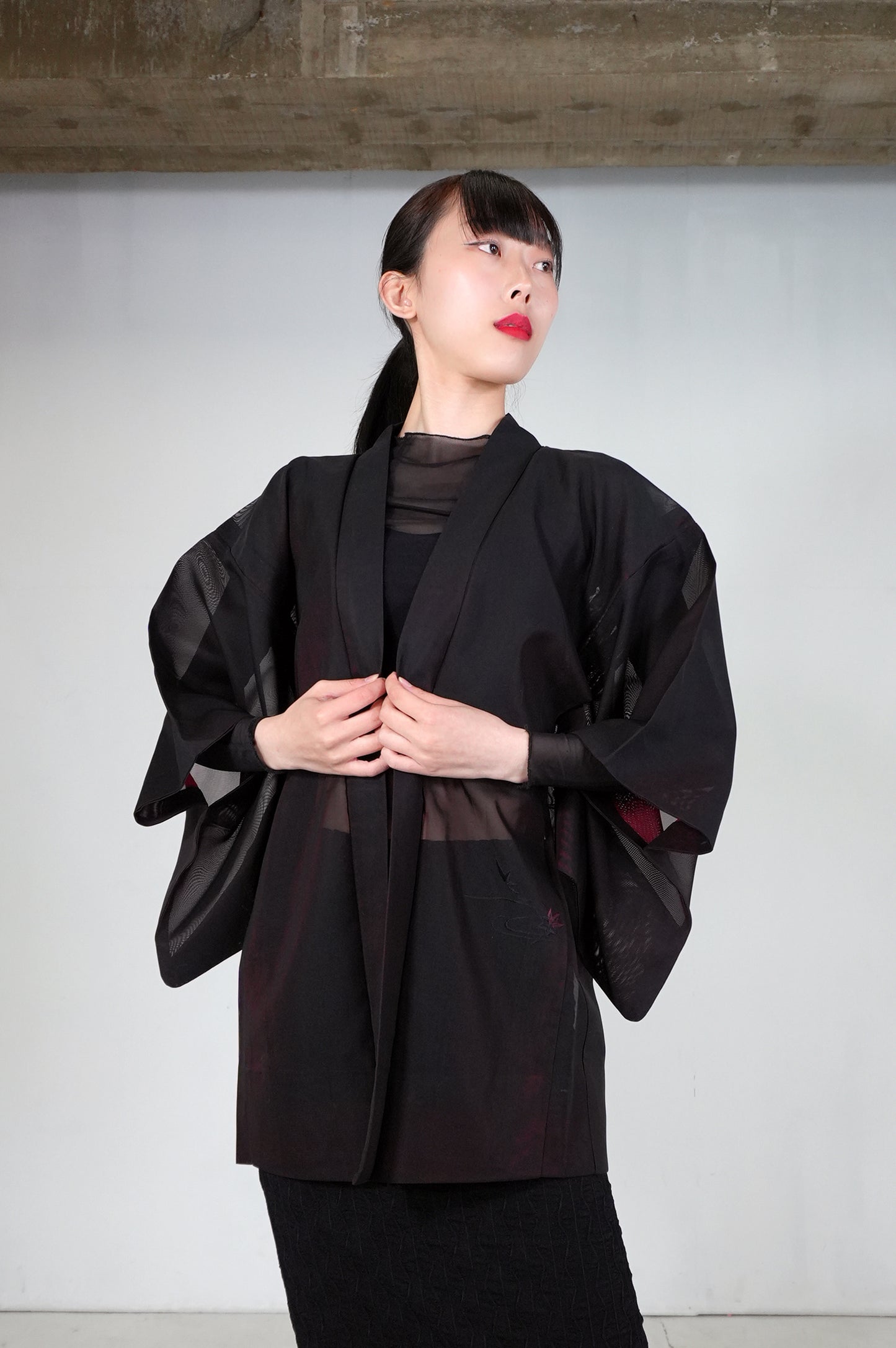 VINTAGE BLACK HAORI SHEER “sha, inside-red, momiji, SHH031"