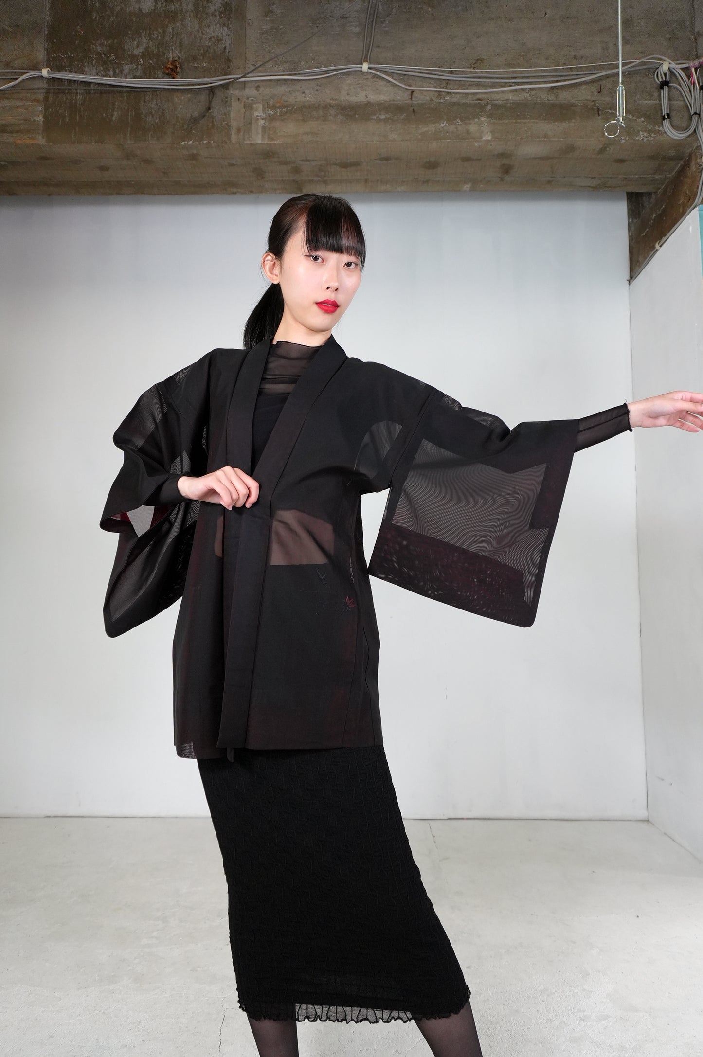 VINTAGE BLACK HAORI SHEER “sha, inside-red, momiji, SHH031"