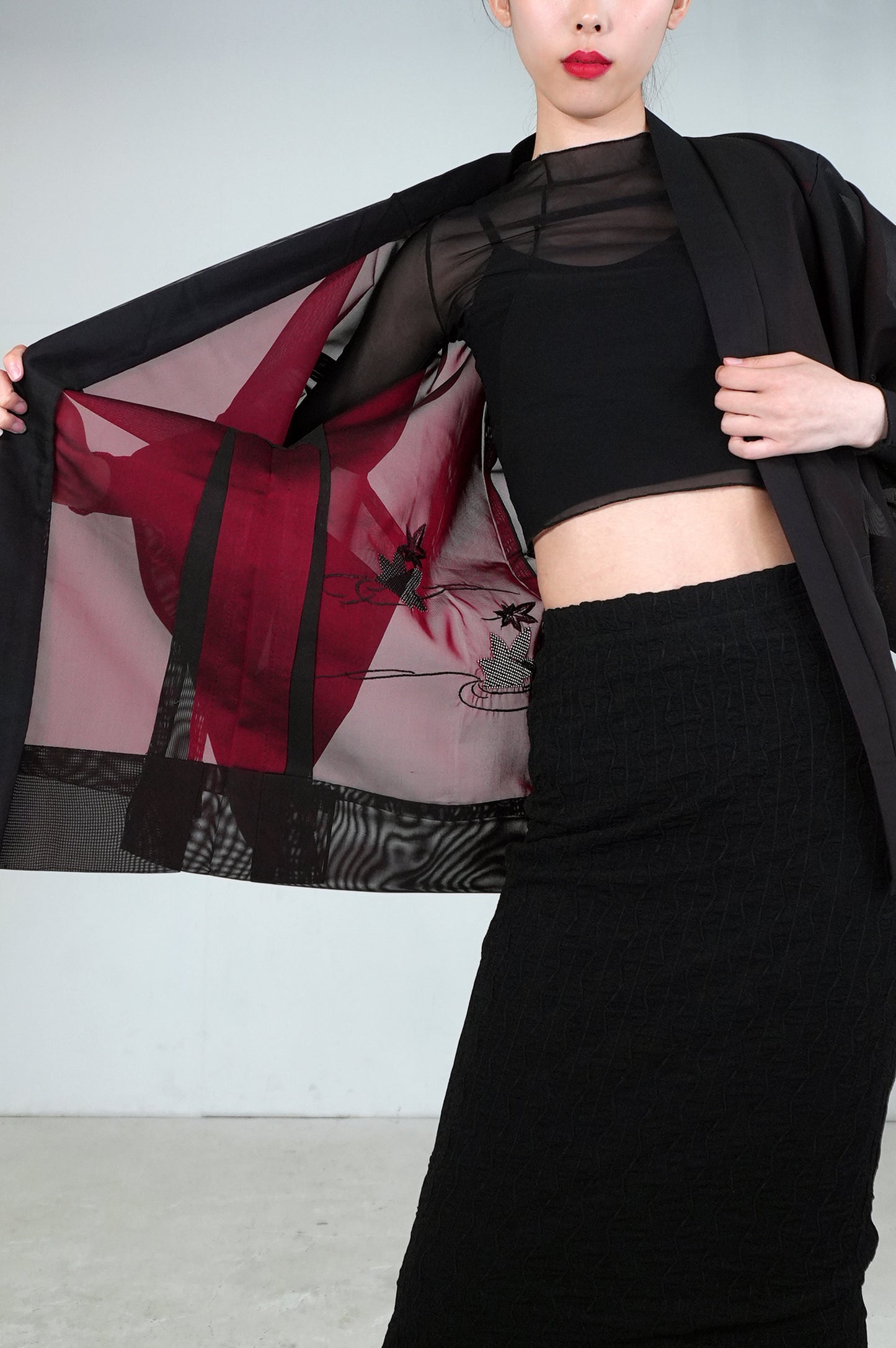 VINTAGE BLACK HAORI SHEER “sha, inside-red, momiji, SHH031"