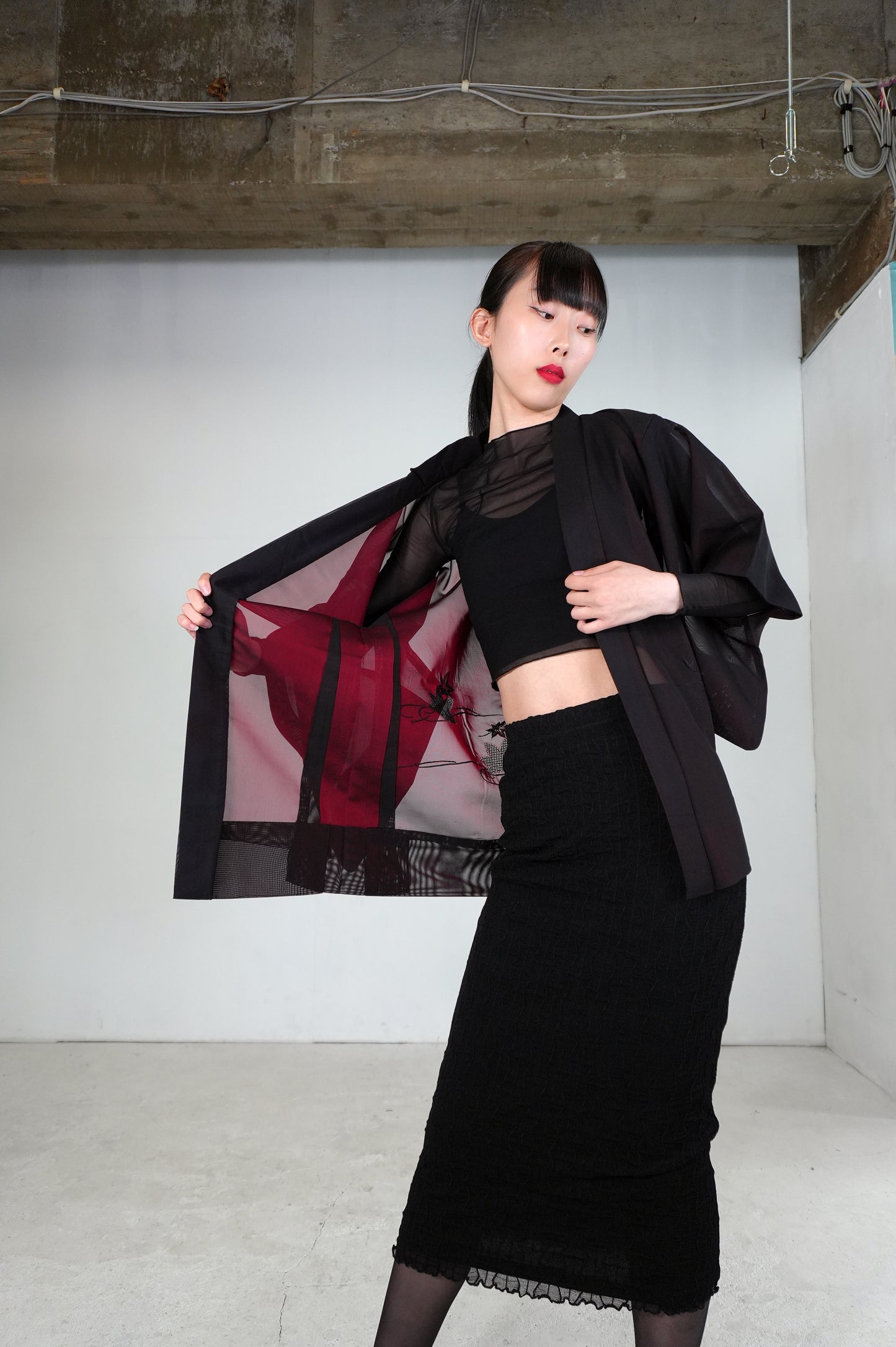 VINTAGE BLACK HAORI SHEER “sha, inside-red, momiji, SHH031"