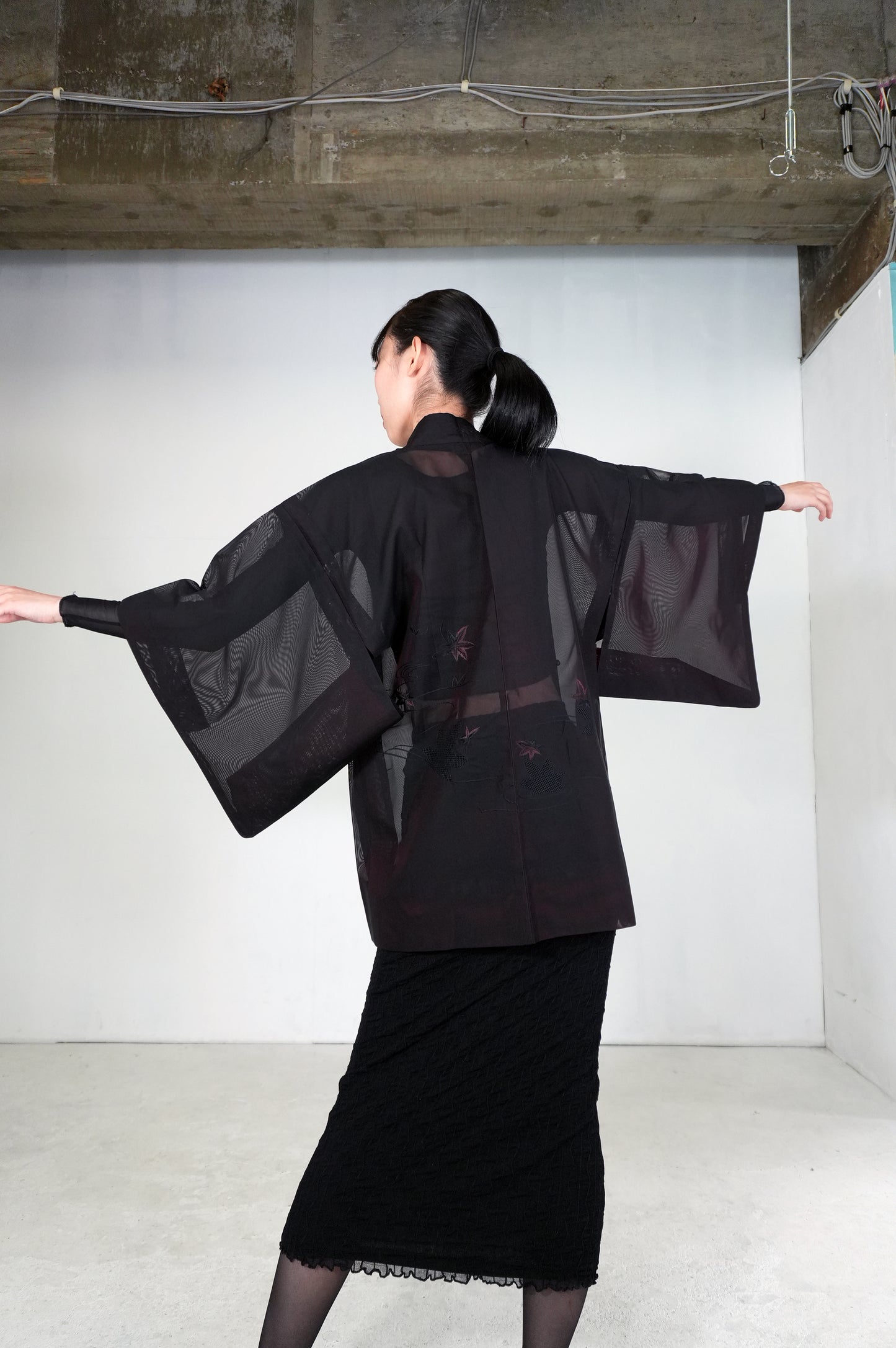 VINTAGE BLACK HAORI SHEER “sha, inside-red, momiji, SHH031"