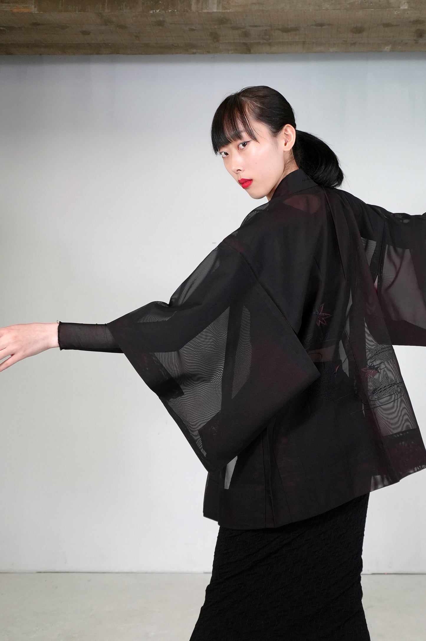 VINTAGE BLACK HAORI SHEER “sha, inside-red, momiji, SHH031"
