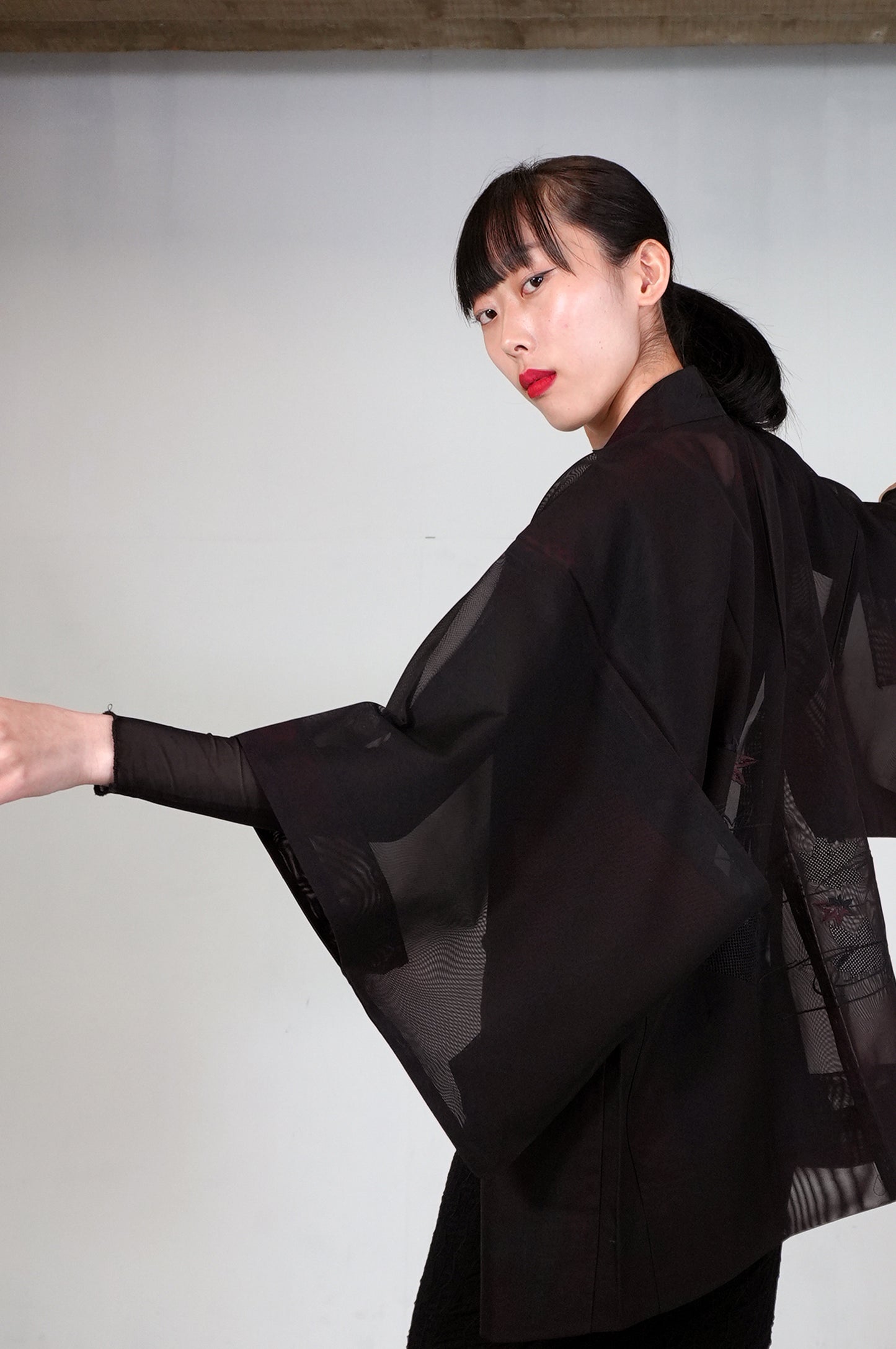VINTAGE BLACK HAORI SHEER “sha, inside-red, momiji, SHH031"