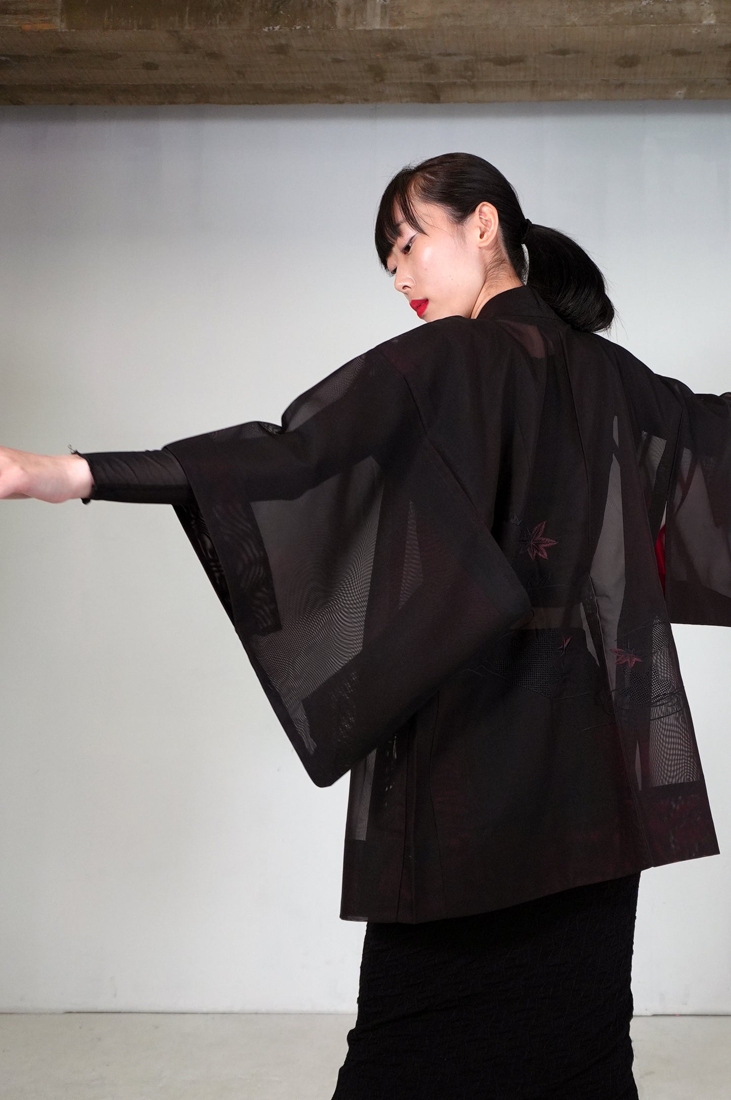 VINTAGE BLACK HAORI SHEER “sha, inside-red, momiji, SHH031"