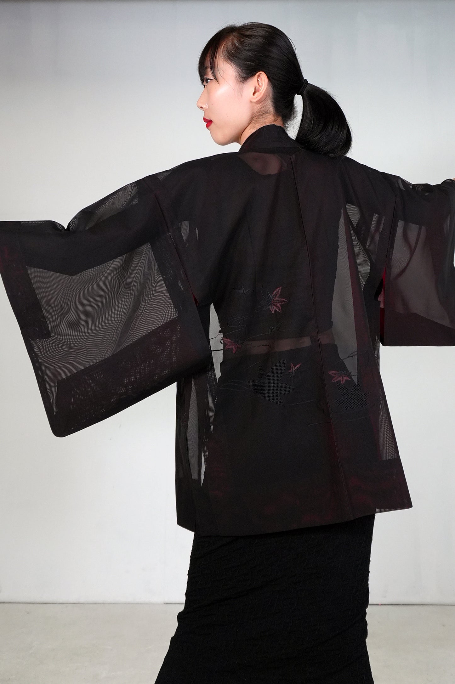 VINTAGE BLACK HAORI SHEER “sha, inside-red, momiji, SHH031"