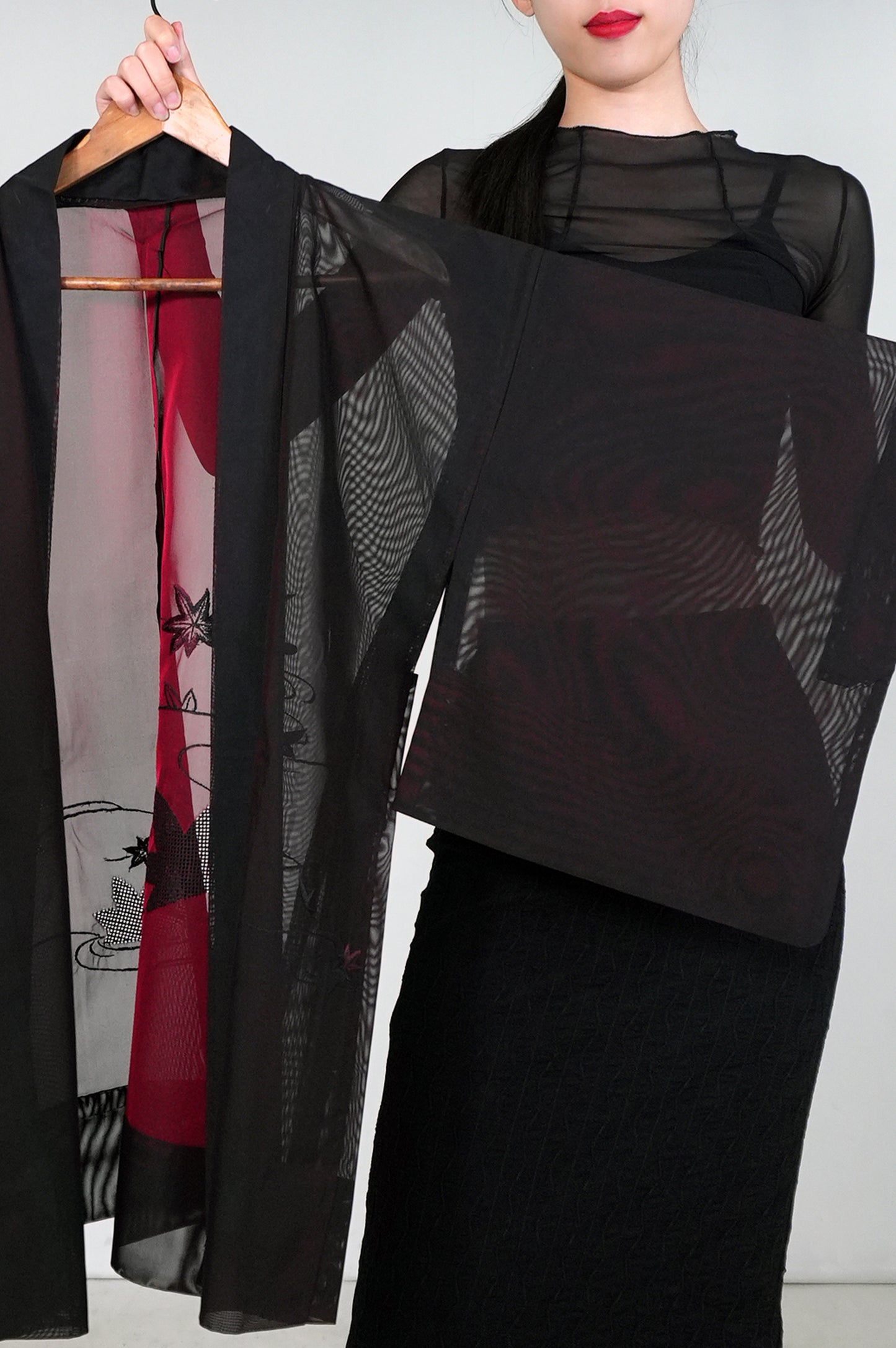VINTAGE BLACK HAORI SHEER “sha, inside-red, momiji, SHH031"