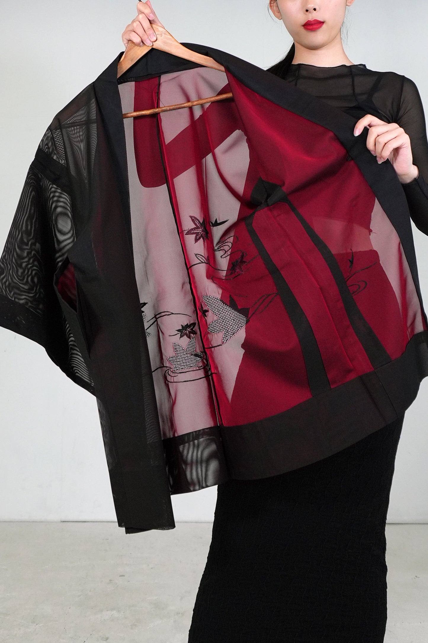 VINTAGE BLACK HAORI SHEER “sha, inside-red, momiji, SHH031"