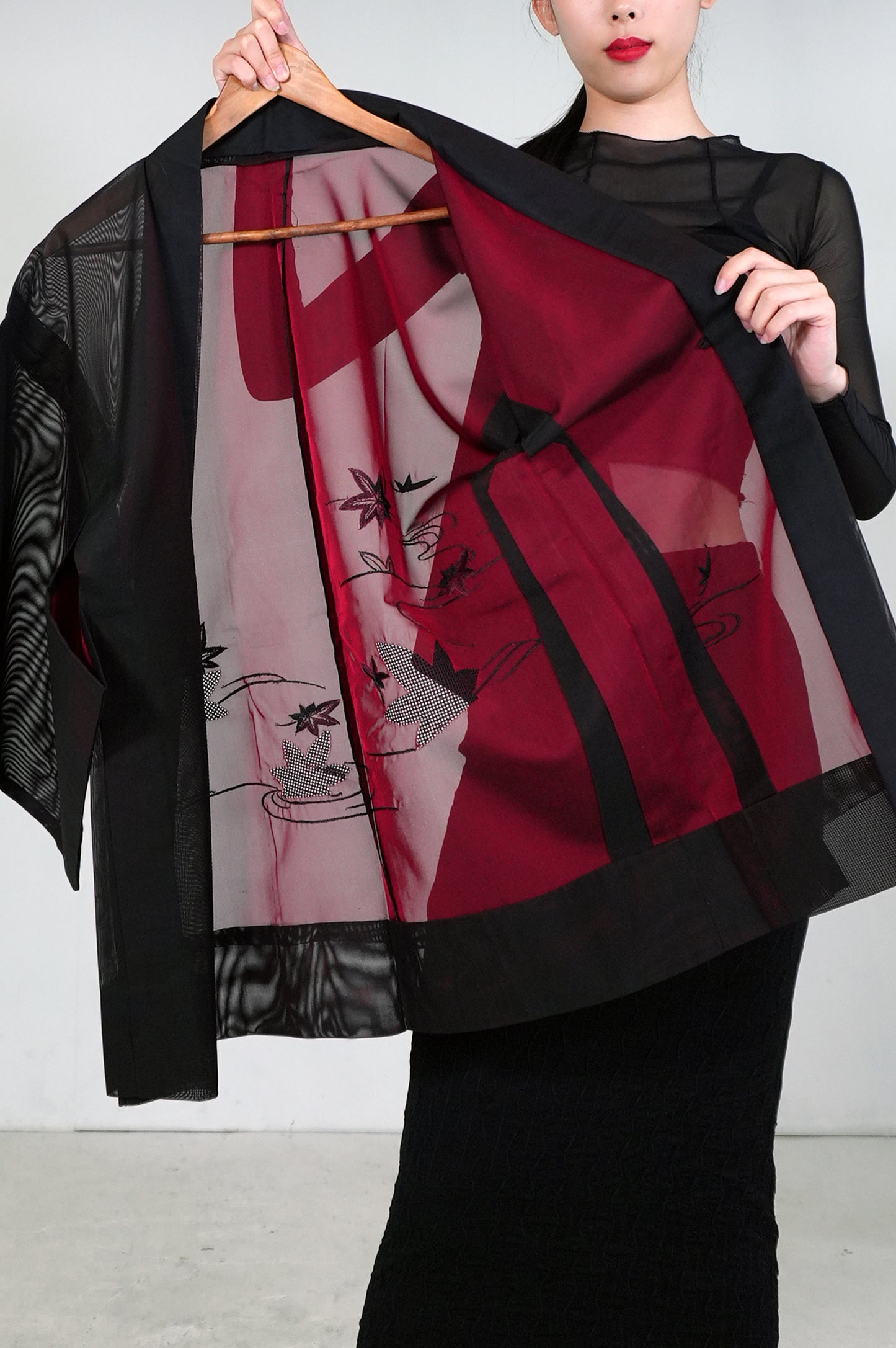 VINTAGE BLACK HAORI SHEER “sha, inside-red, momiji, SHH031"