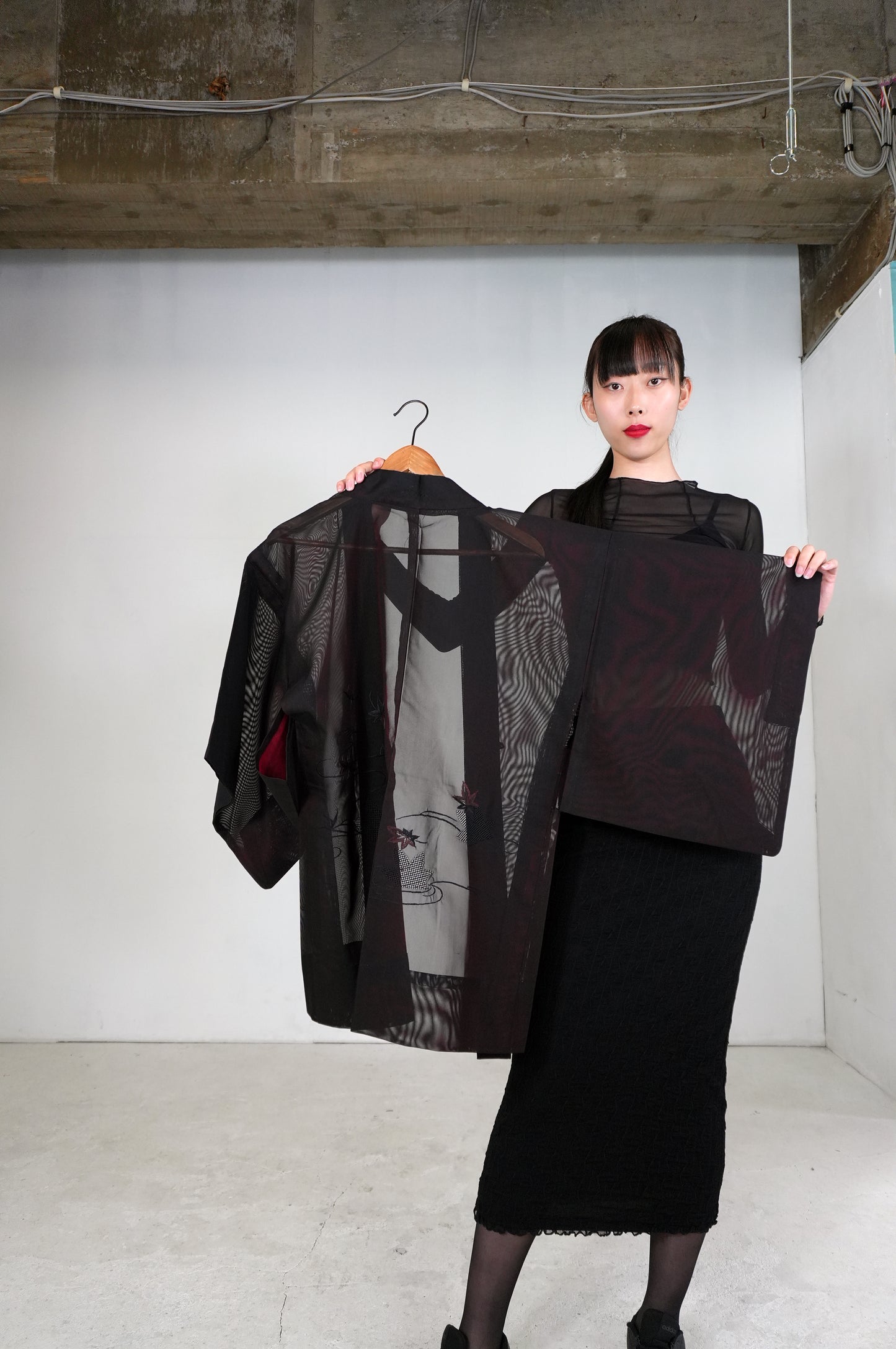 VINTAGE BLACK HAORI SHEER “sha, inside-red, momiji, SHH031"