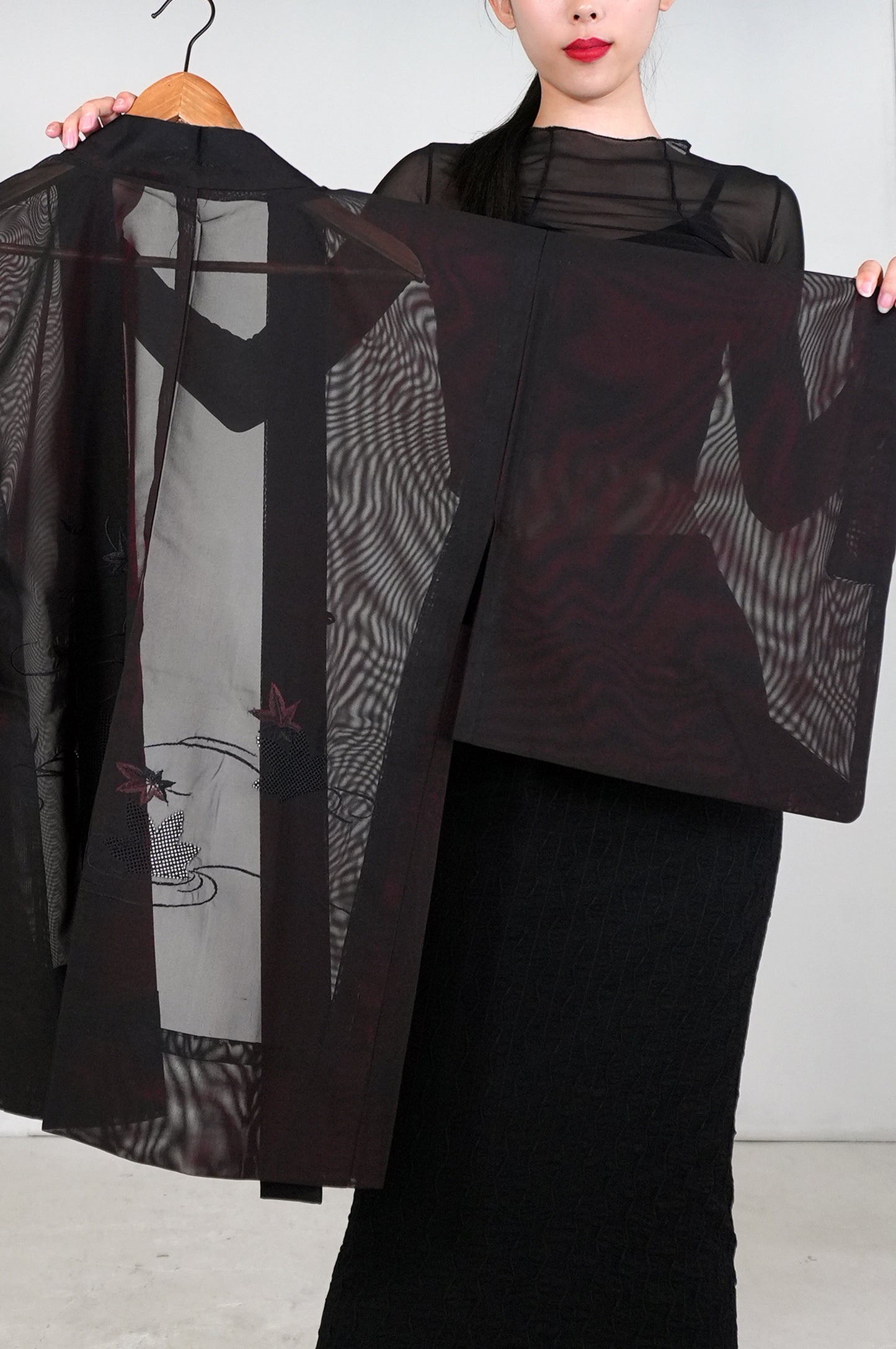 VINTAGE BLACK HAORI SHEER “sha, inside-red, momiji, SHH031"