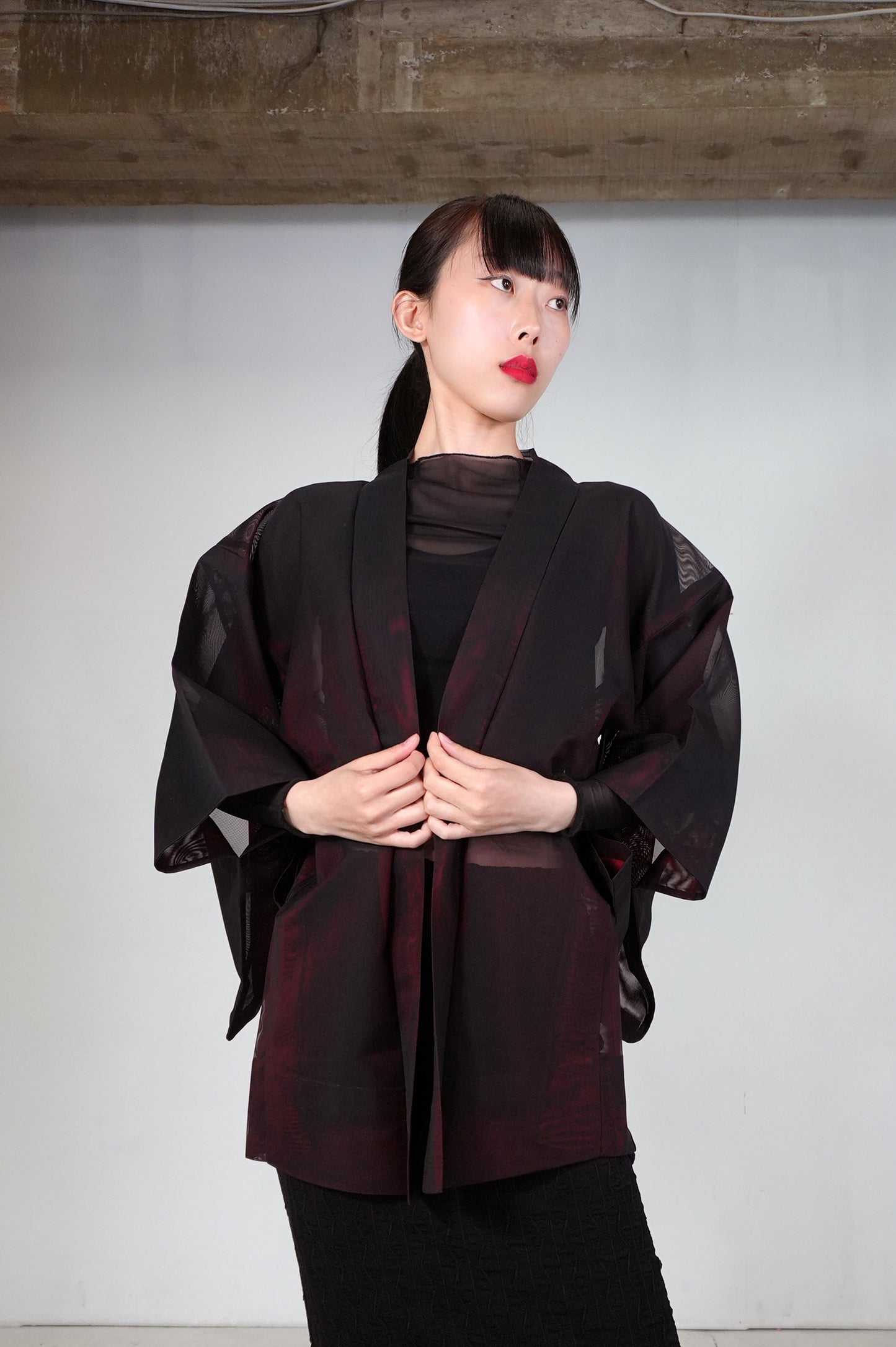 VINTAGE BLACK HAORI SHEER “sha, red, flower, SHH033"