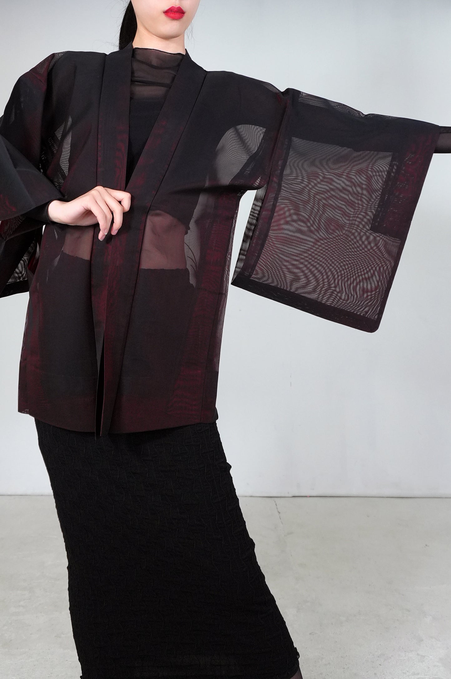 VINTAGE BLACK HAORI SHEER “sha, red, flower, SHH033"
