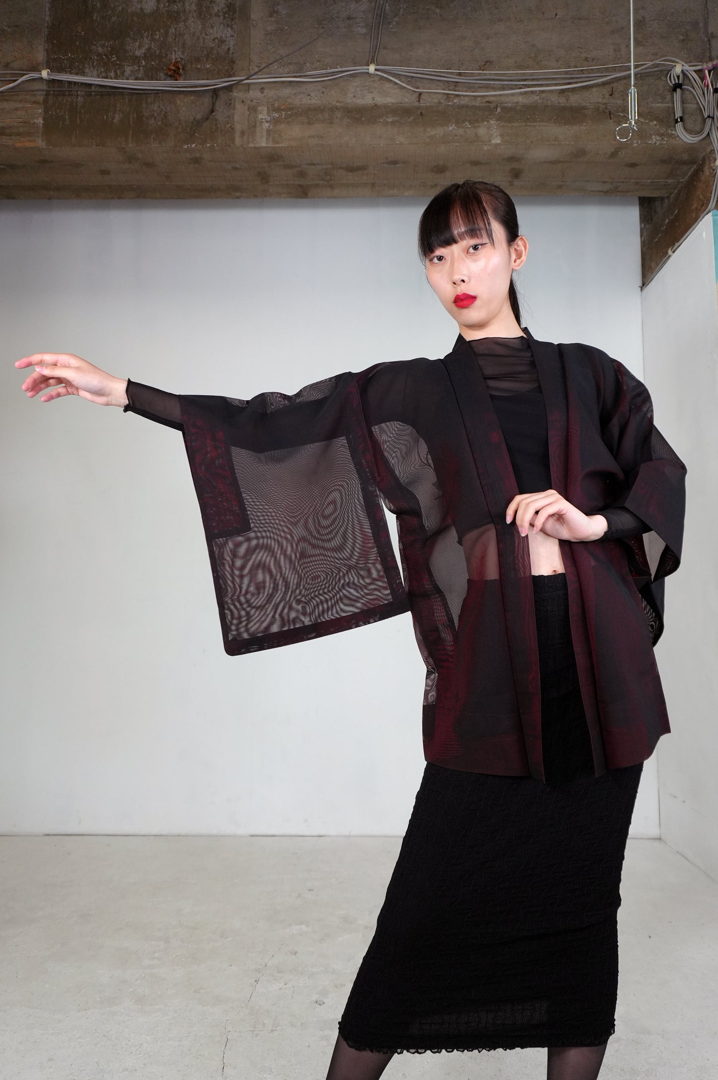 VINTAGE BLACK HAORI SHEER “sha, red, flower, SHH033"