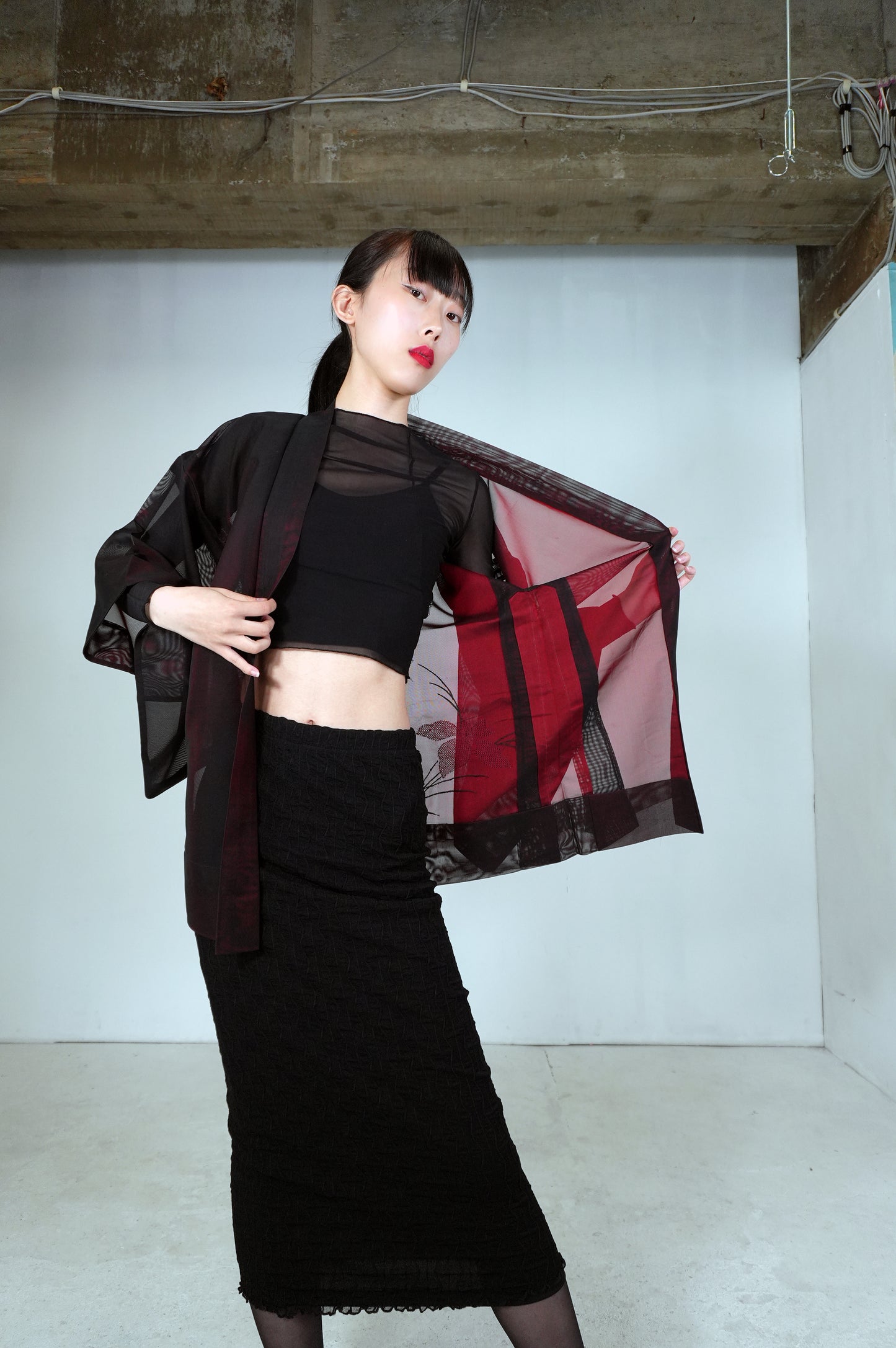 VINTAGE BLACK HAORI SHEER “sha, red, flower, SHH033"