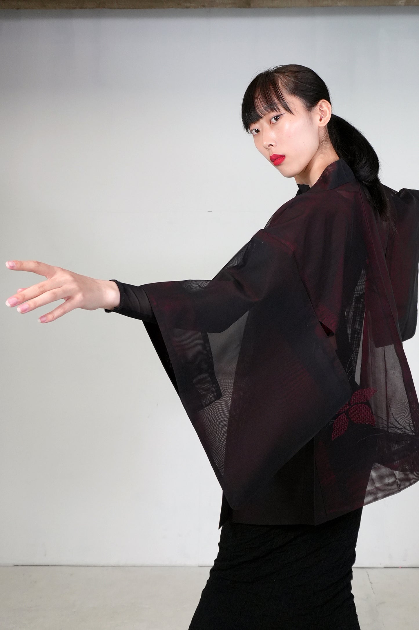 VINTAGE BLACK HAORI SHEER “sha, red, flower, SHH033"